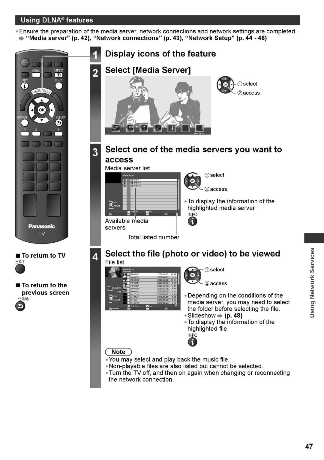 Panasonic TH-P42X30V Display icons of the feature Select Media Server, Select one of the media servers you want to access 