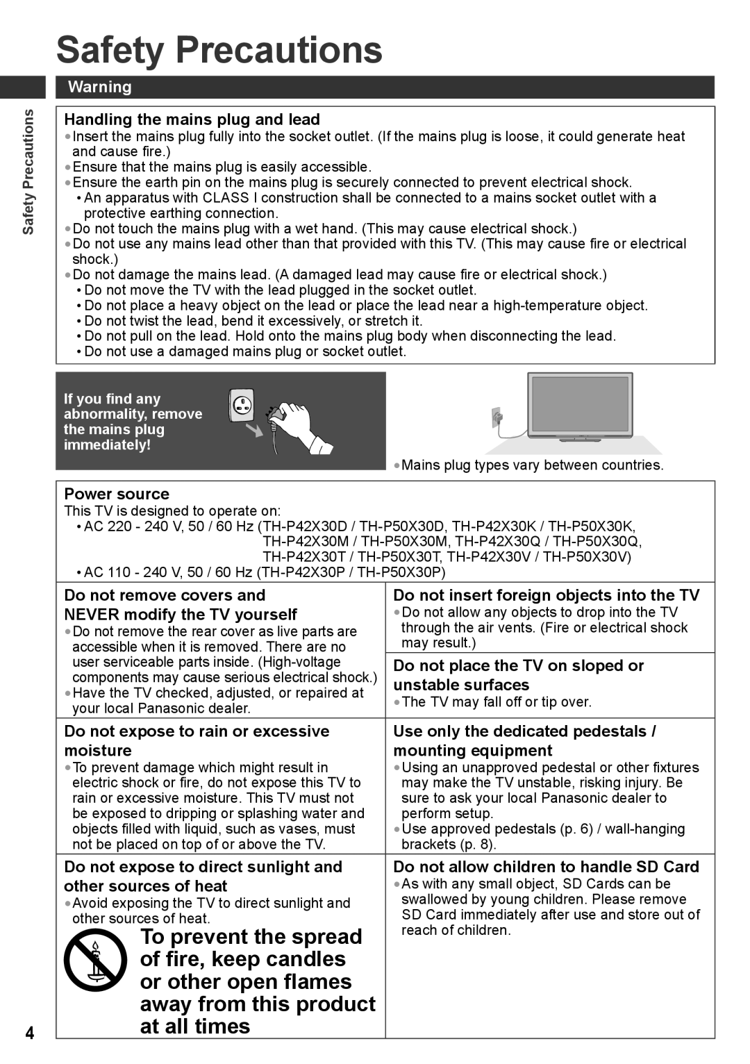 Panasonic TH-P50X30P Safety Precautions, Handling the mains plug and lead, Power source, Do not place the TV on sloped or 