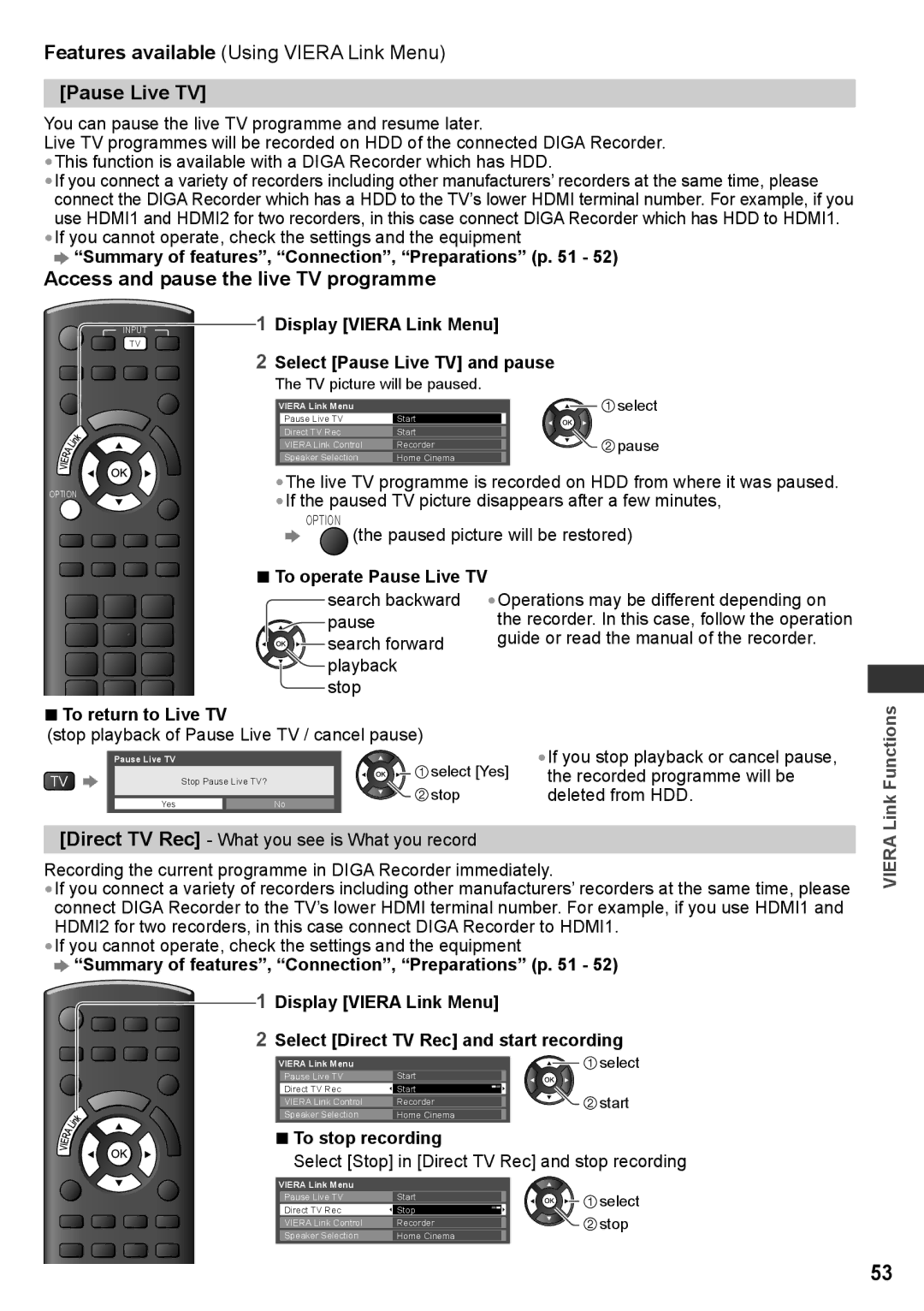 Panasonic TQB4TC0027-1, TH-P50X30V, TH-P50X30T, TH-P42X30V, TH-P42X30Q Pause Live TV, Access and pause the live TV programme 