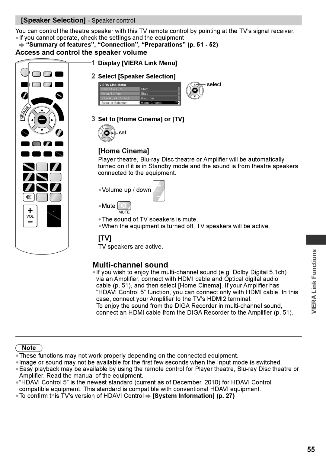 Panasonic TH-P50X30T, TQB4TC0027-1 Speaker Selection Speaker control, Access and control the speaker volume, Home Cinema 