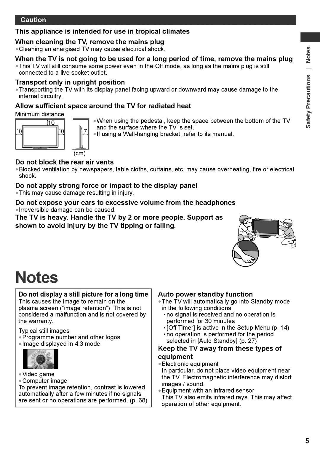 Panasonic TH-P50X30Q warranty Transport only in upright position, Allow sufficient space around the TV for radiated heat 