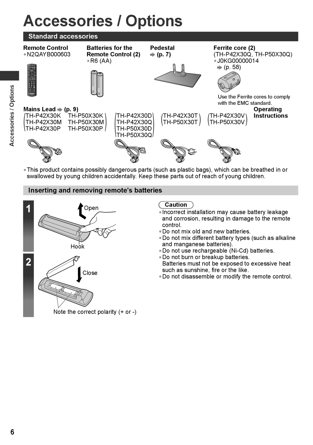 Panasonic TH-P42X30T, TQB4TC0027-1 Accessories / Options, Standard accessories, Inserting and removing remote’s batteries 