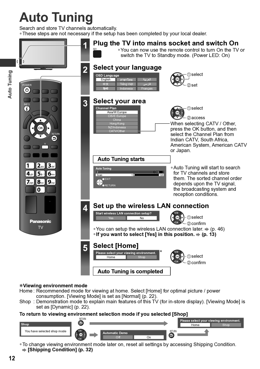 Panasonic TH-P42U30M Auto Tuning, Plug the TV into mains socket and switch On, Select your language, Select your area 