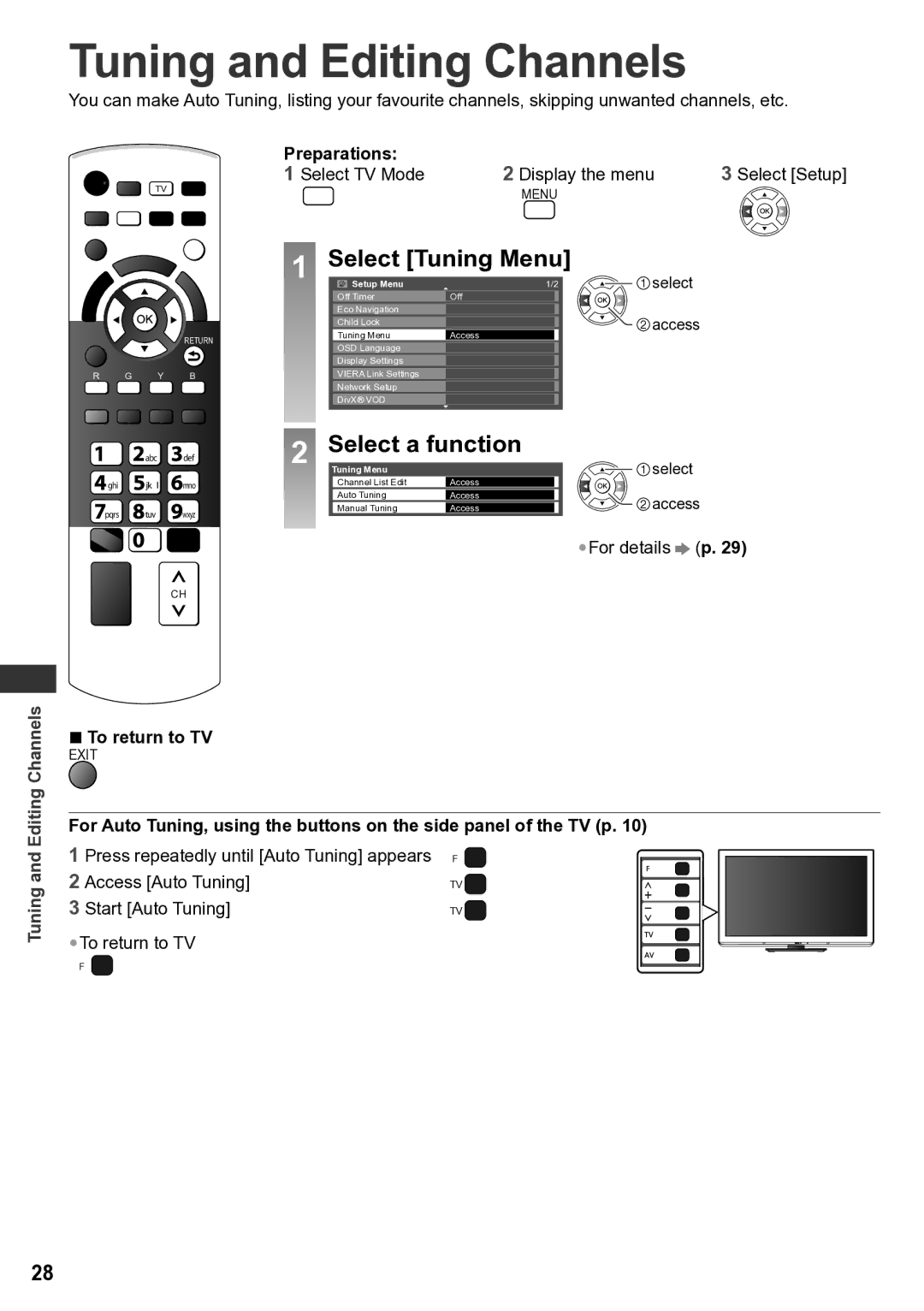 Panasonic TH-P42U30V, TQB4TC0043-1, TH-P50U30T, TH-P50U30D warranty Tuning and Editing Channels, Preparations, For details p 