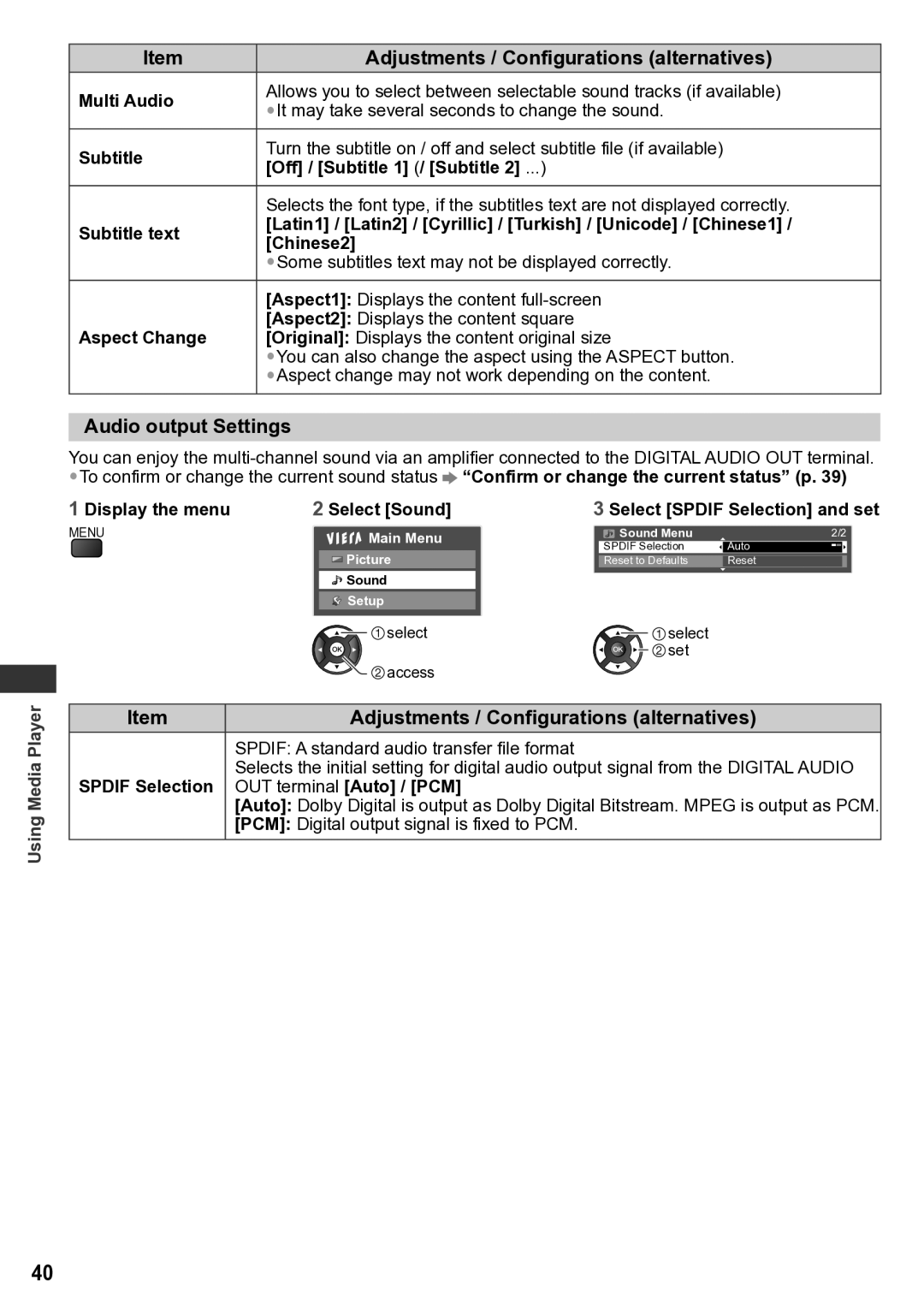 Panasonic TH-P46U30M, TQB4TC0043-1, TH-P50U30T, TH-P50U30D, TH-P46U30V Audio output Settings, Display the menu Select Sound 