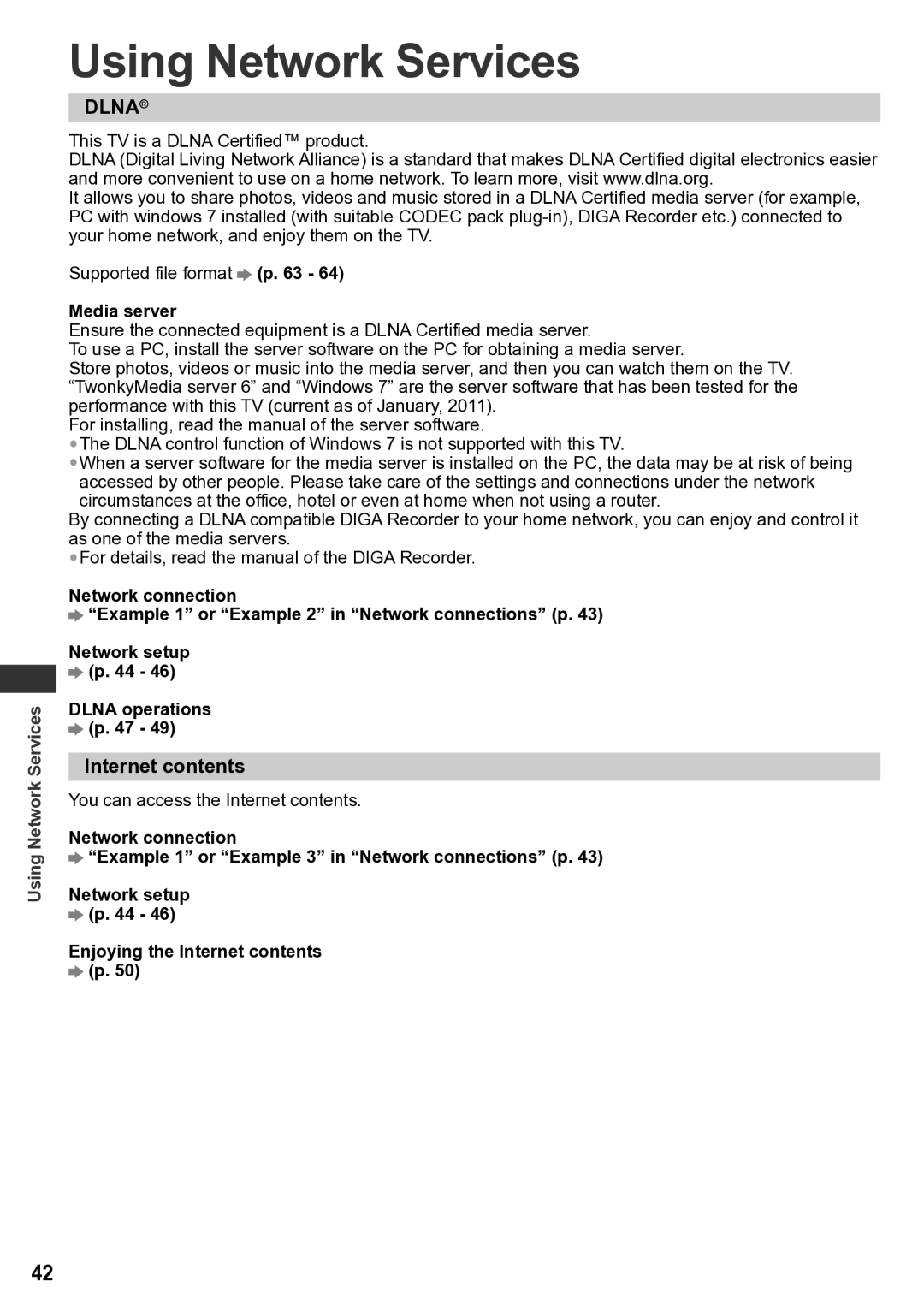 Panasonic TH-P50U30M, TQB4TC0043-1, TH-P50U30T, TH-P50U30D, TH-P46U30V, TH-P50U30P Using Network Services, Internet contents 