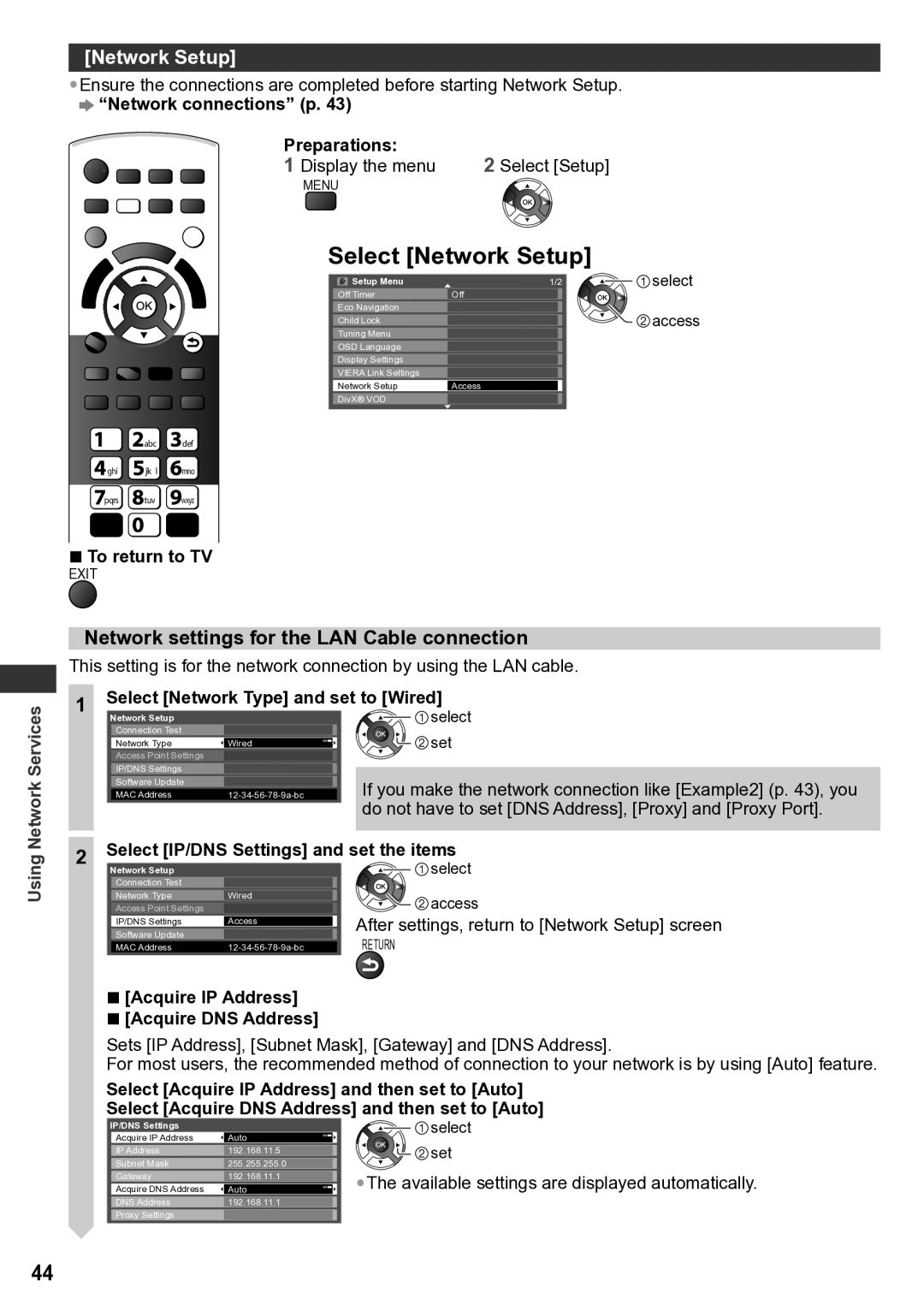 Panasonic TH-P50U30Q, TQB4TC0043-1, TH-P50U30T, TH-P50U30D Network Setup, Network settings for the LAN Cable connection 