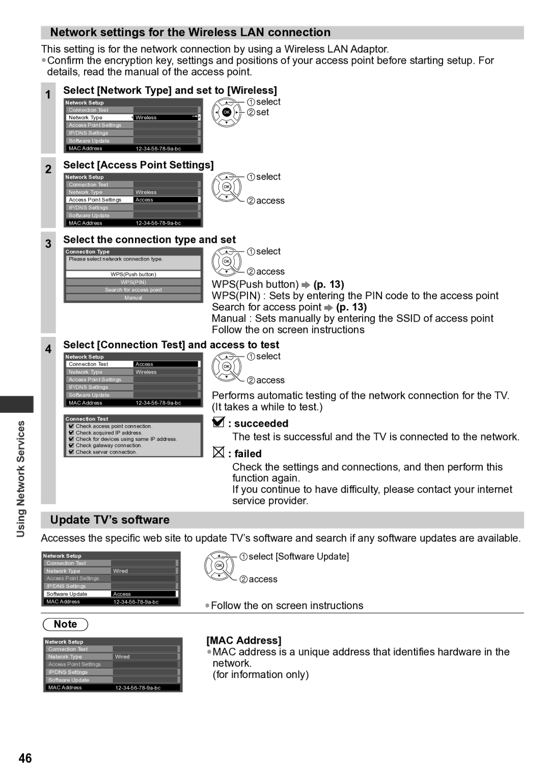 Panasonic TH-P42U30V Network settings for the Wireless LAN connection, Update TV’s software, Select Access Point Settings 