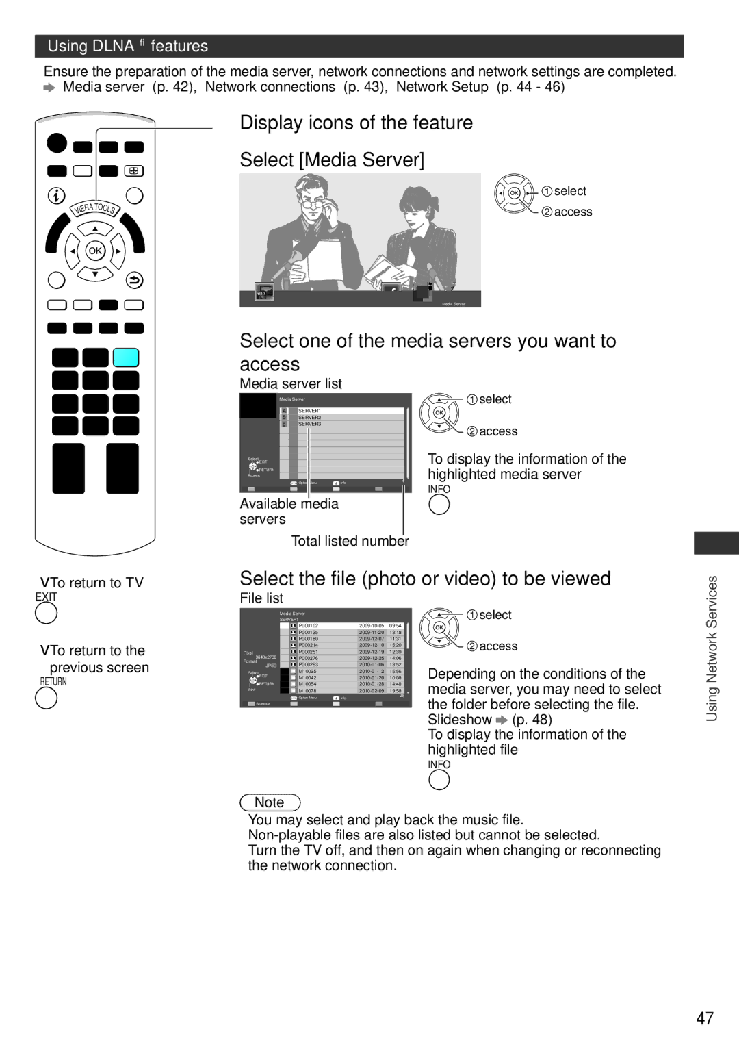 Panasonic TH-P42U30T Display icons of the feature Select Media Server, Select one of the media servers you want to access 