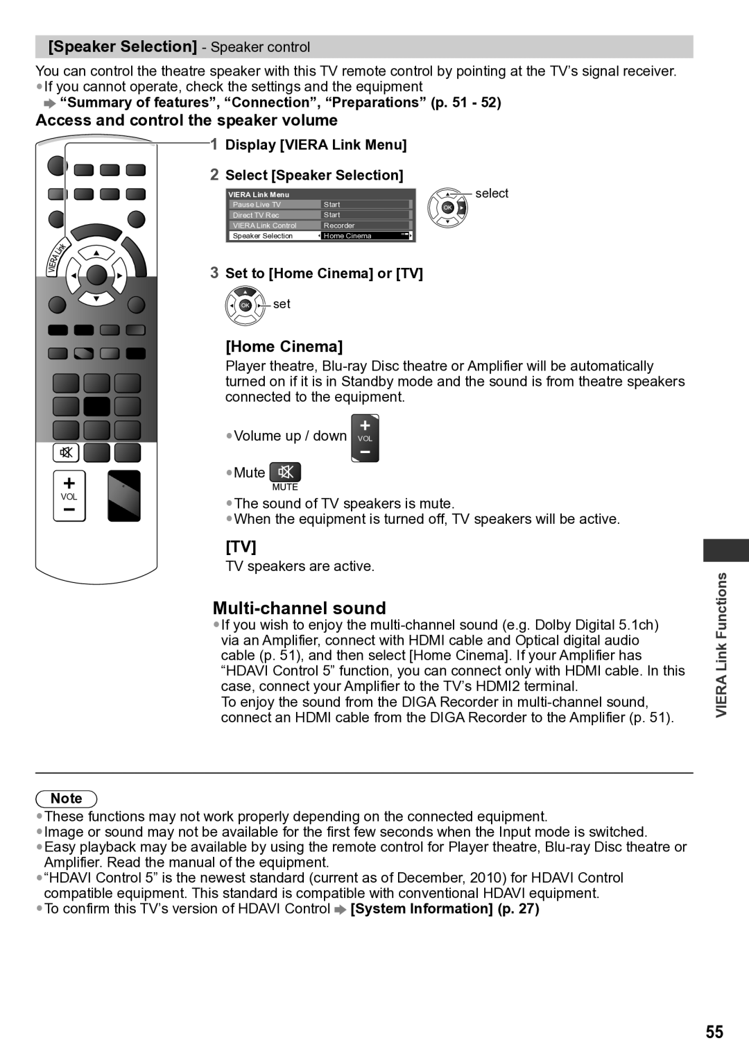 Panasonic TH-P50U30D, TQB4TC0043-1 Speaker Selection Speaker control, Access and control the speaker volume, Home Cinema 