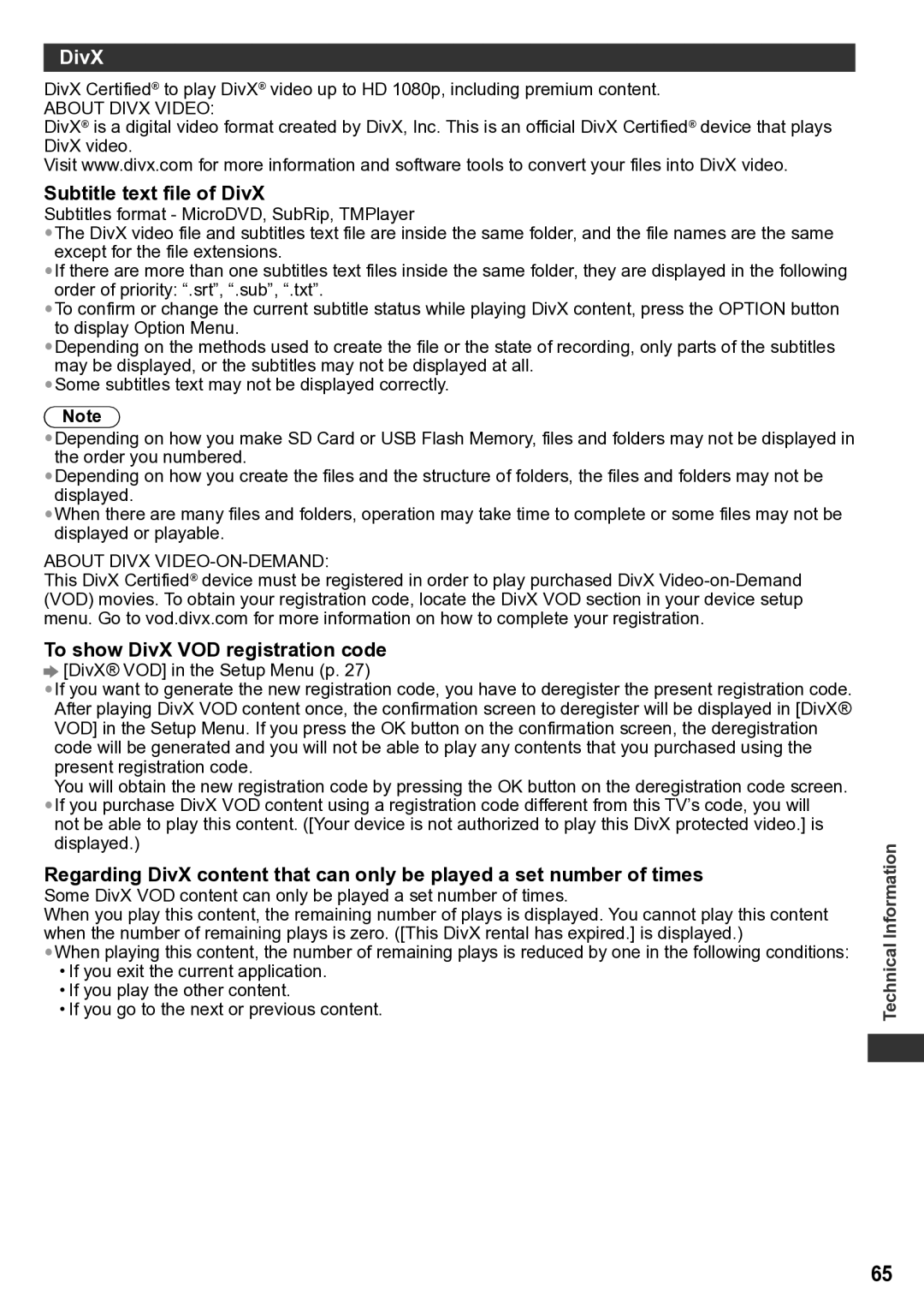 Panasonic TH-P42U30T, TQB4TC0043-1, TH-P50U30T warranty Subtitle text file of DivX, To show DivX VOD registration code 