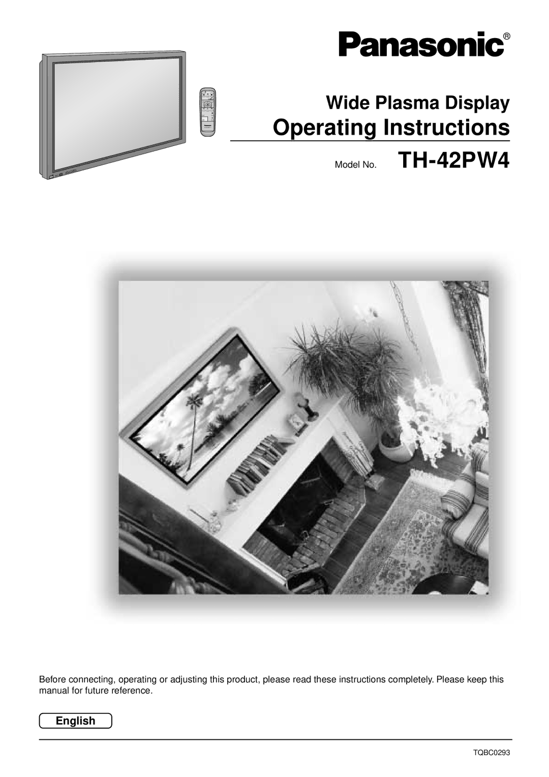 Panasonic TQBC0293 manual Operating Instructions, Wide Plasma Display, English 