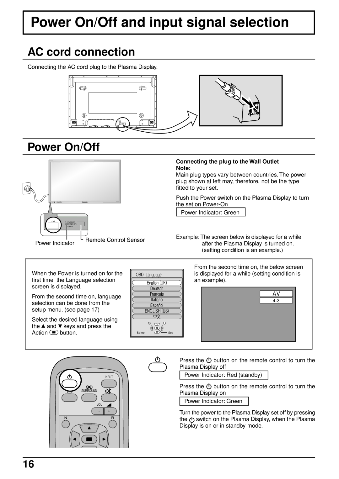 Panasonic TQBC0293 Power On/Off and input signal selection, AC cord connection, Connecting the plug to the Wall Outlet 