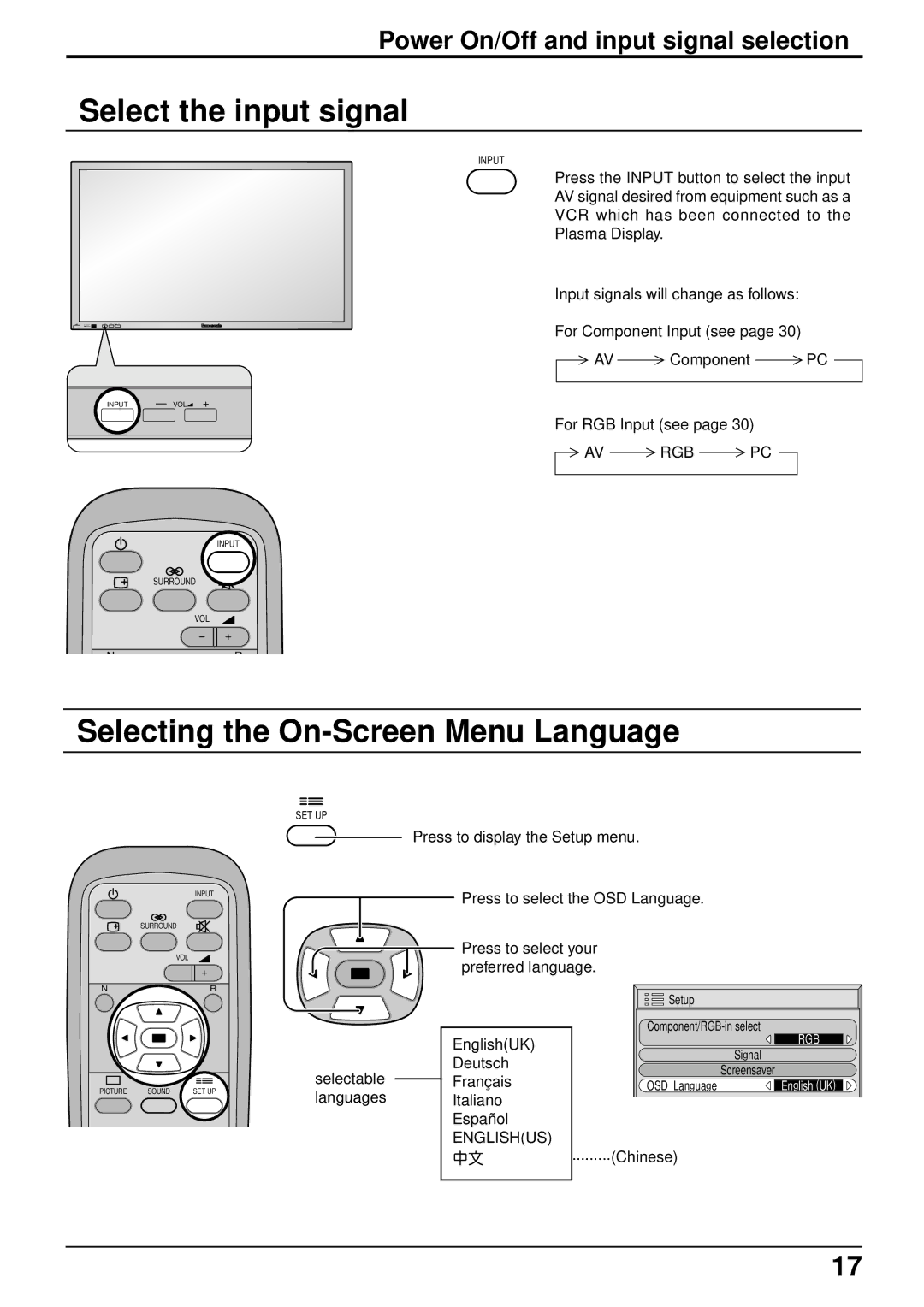 Panasonic TQBC0293 Select the input signal, Selecting the On-Screen Menu Language, Power On/Off and input signal selection 