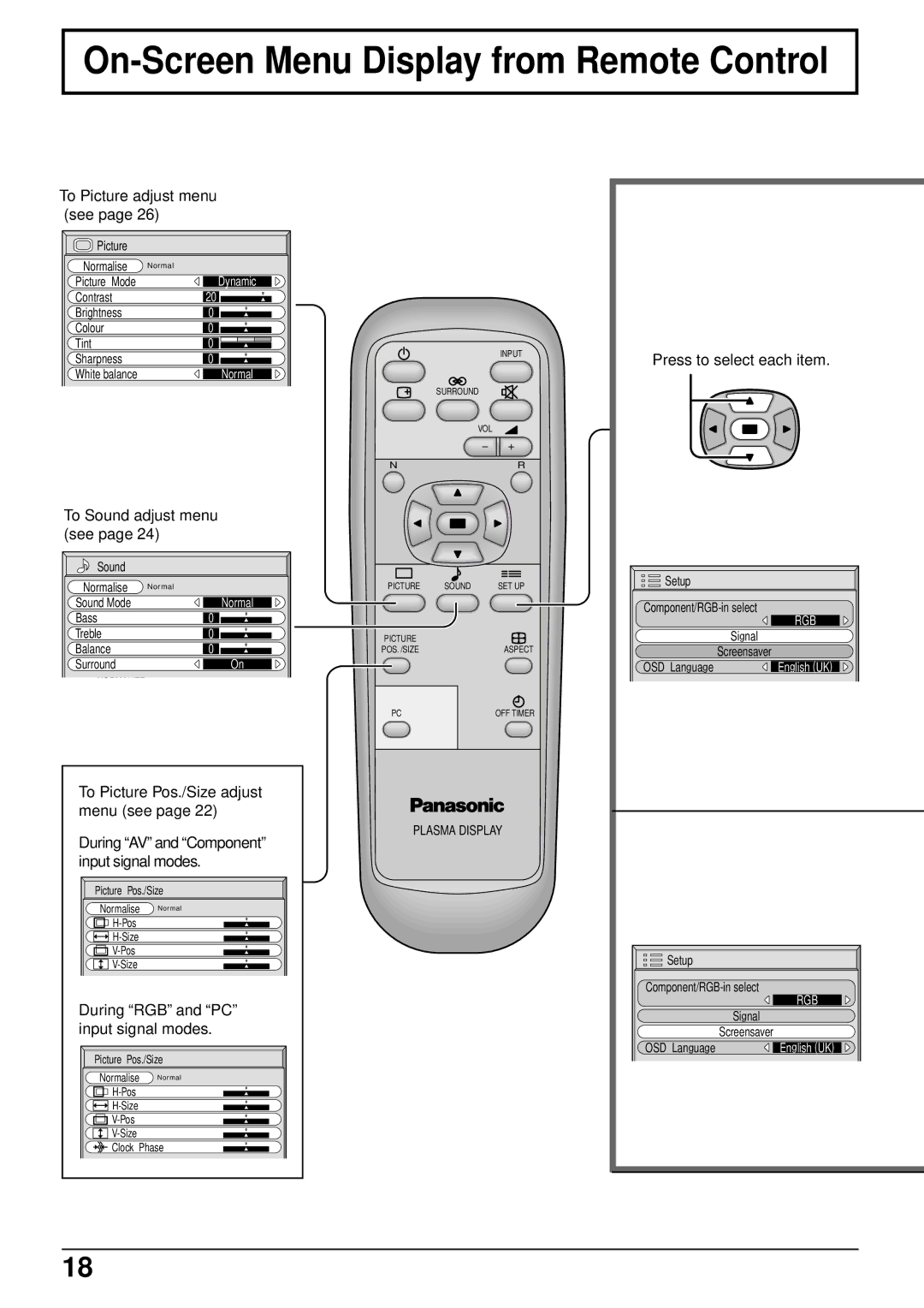 Panasonic TQBC0293 manual On-Screen Menu Display from Remote Control, To Sound adjust menu See 