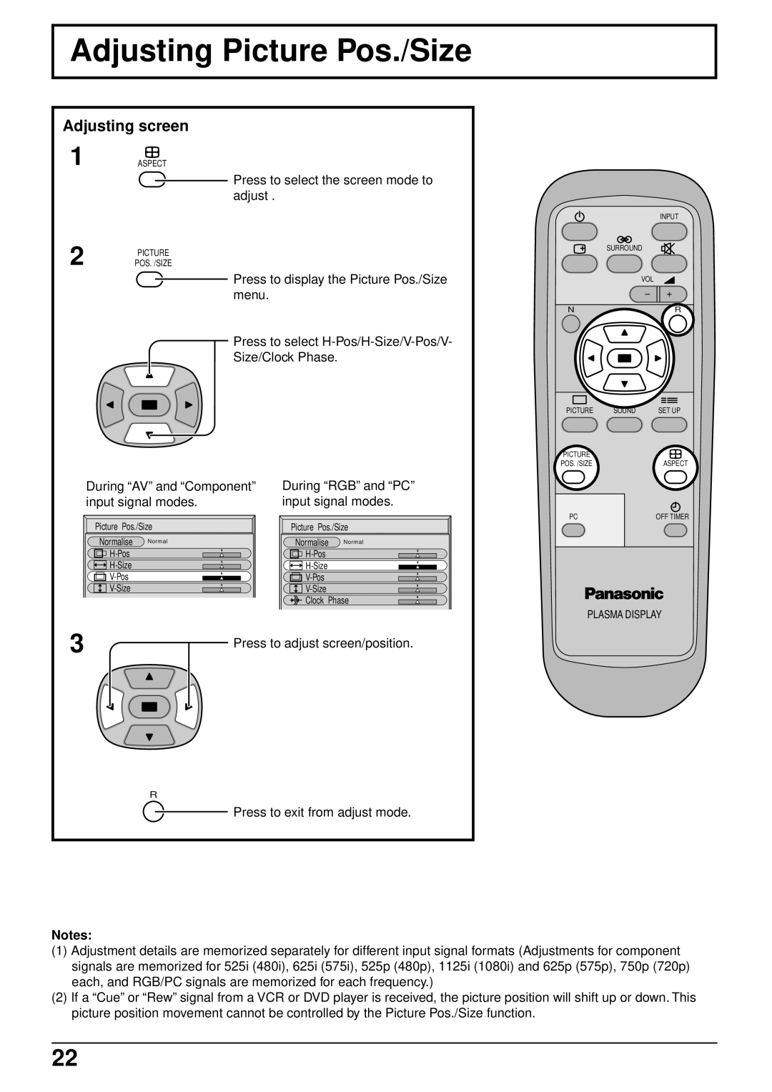 Panasonic TQBC0293 manual Adjusting Picture Pos./Size, Adjusting screen 