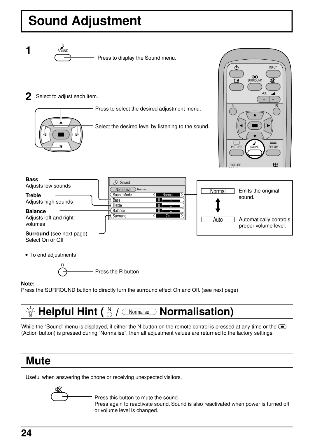 Panasonic TQBC0293 manual Sound Adjustment, Mute, Bass, Treble, Balance 