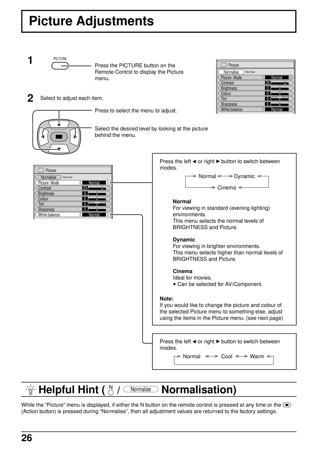 Panasonic TQBC0293 manual Picture Adjustments, Normal, Dynamic, Cinema 