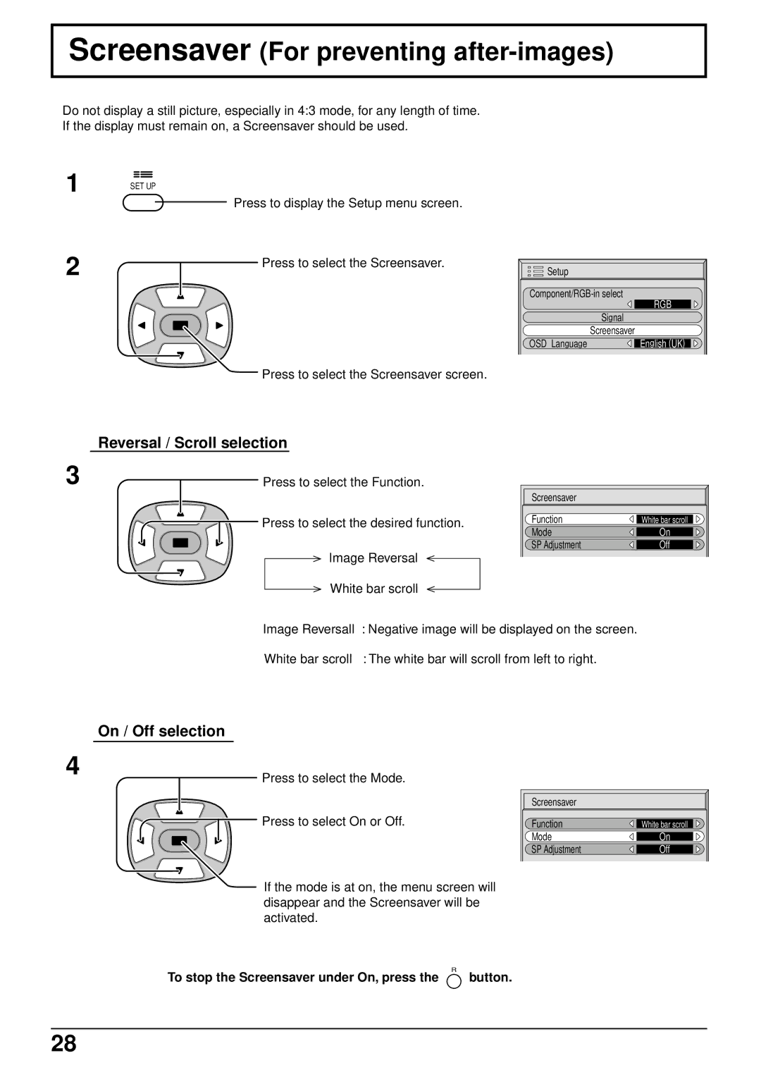 Panasonic TQBC0293 manual Screensaver For preventing after-images, Reversal / Scroll selection, On / Off selection 