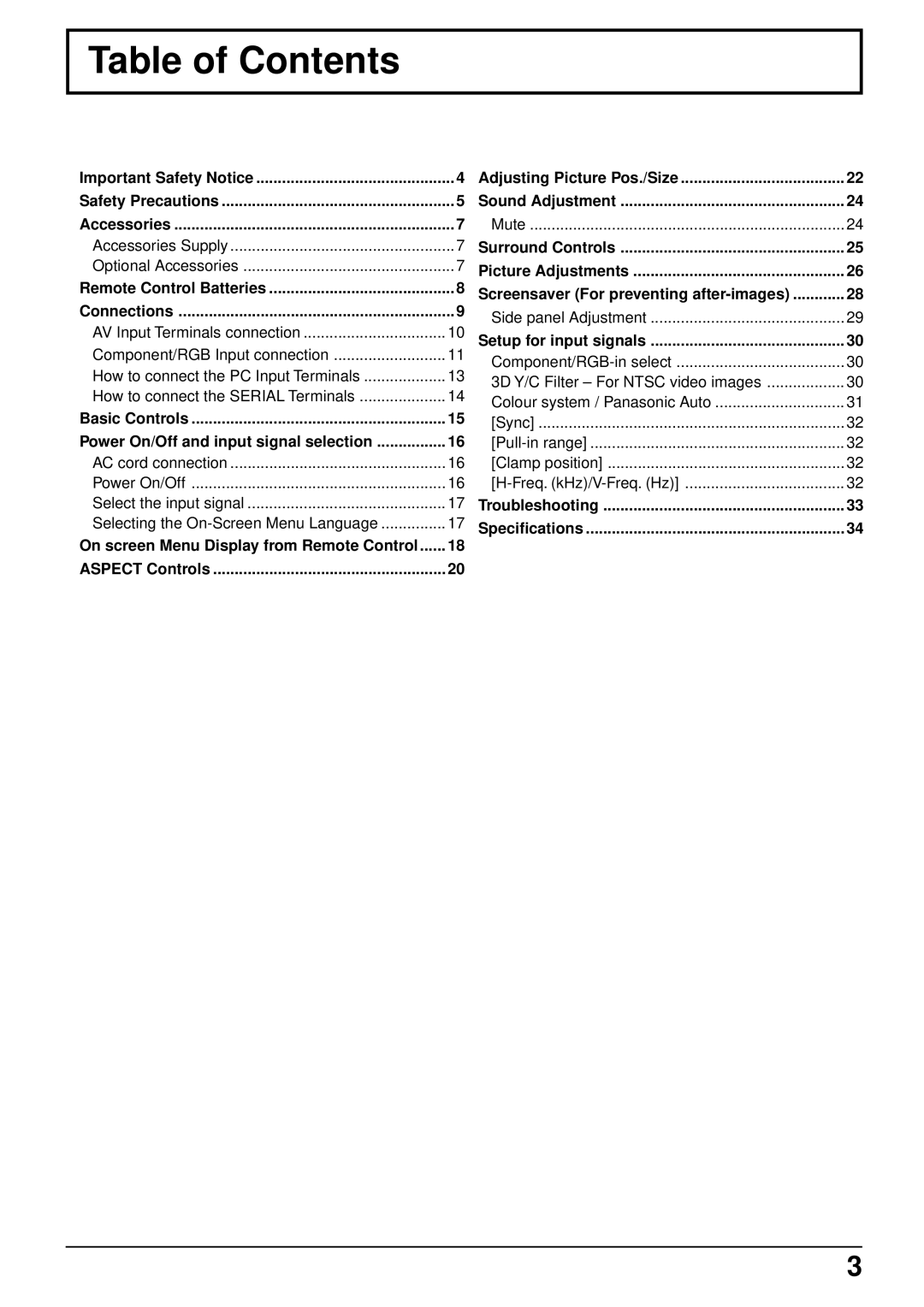 Panasonic TQBC0293 manual Table of Contents 