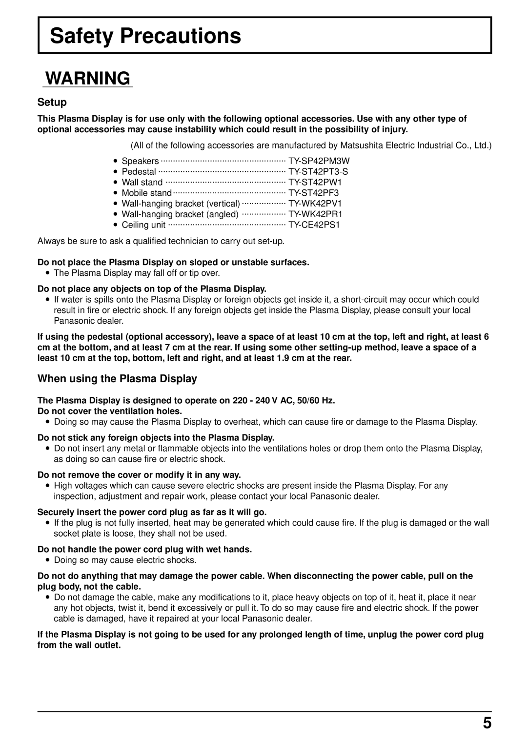 Panasonic TQBC0293 manual Safety Precautions, Setup, When using the Plasma Display 