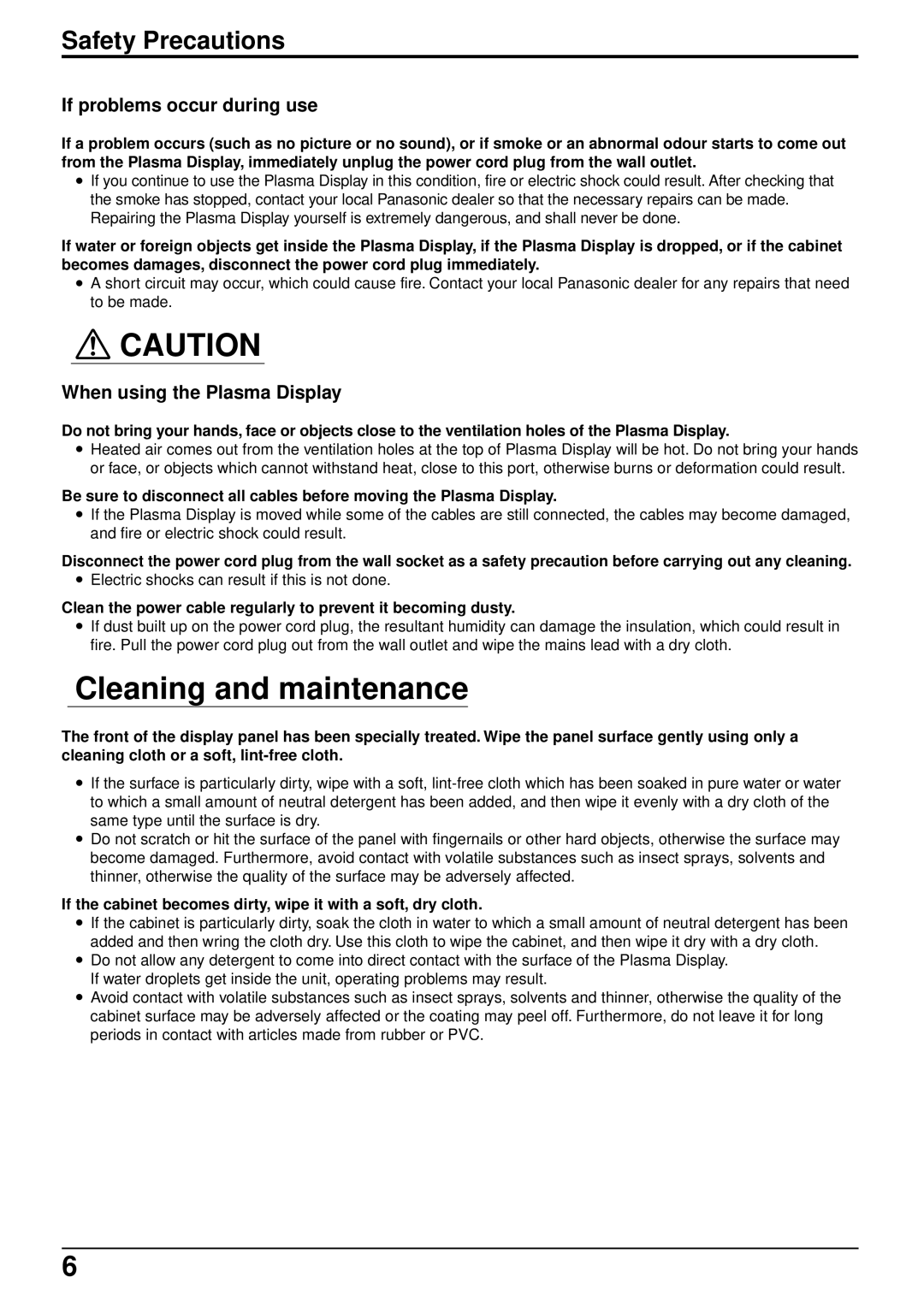 Panasonic TQBC0293 manual Cleaning and maintenance, Safety Precautions, If problems occur during use 