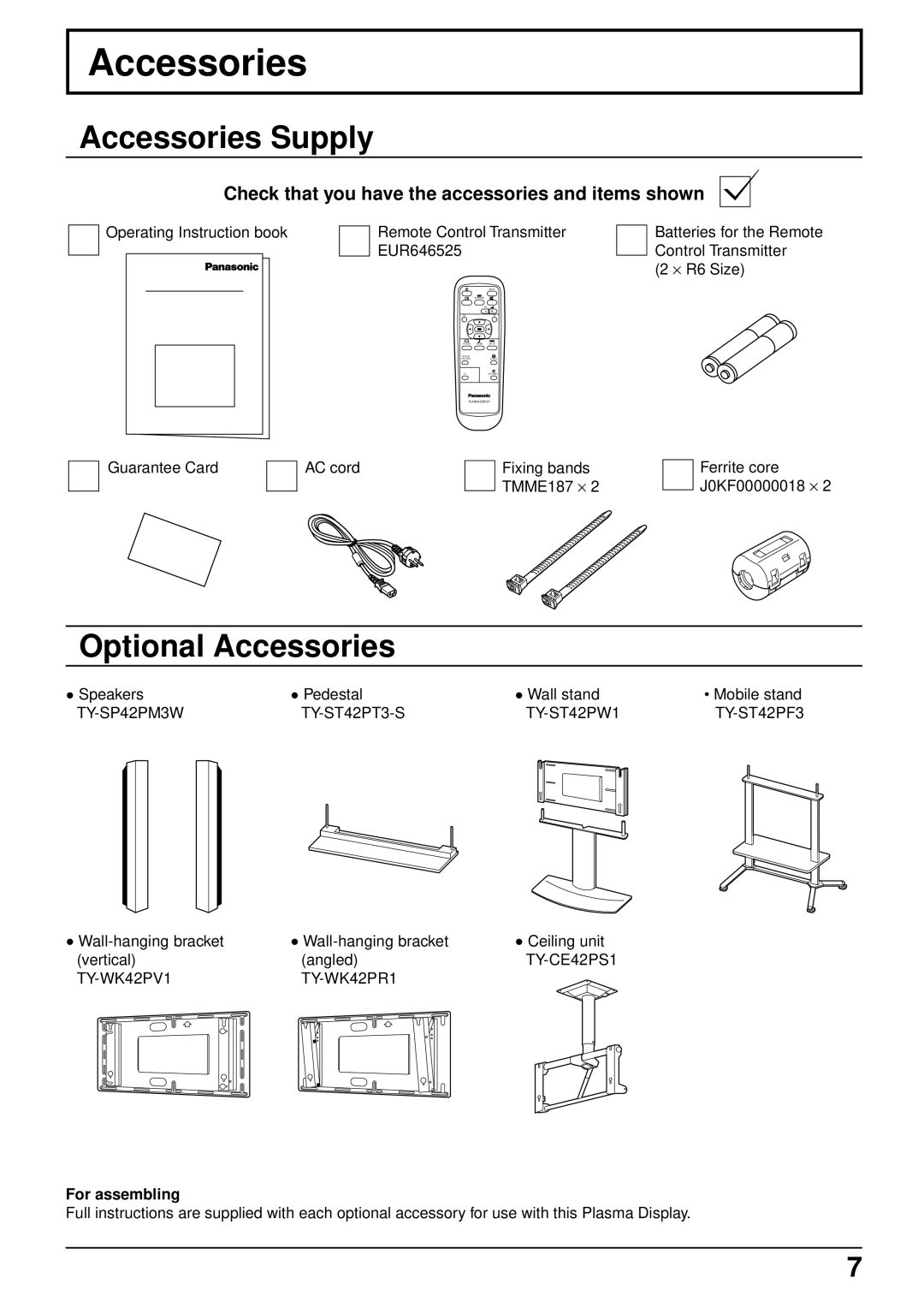 Panasonic TQBC0293 manual Accessories Supply, Optional Accessories, Check that you have the accessories and items shown 