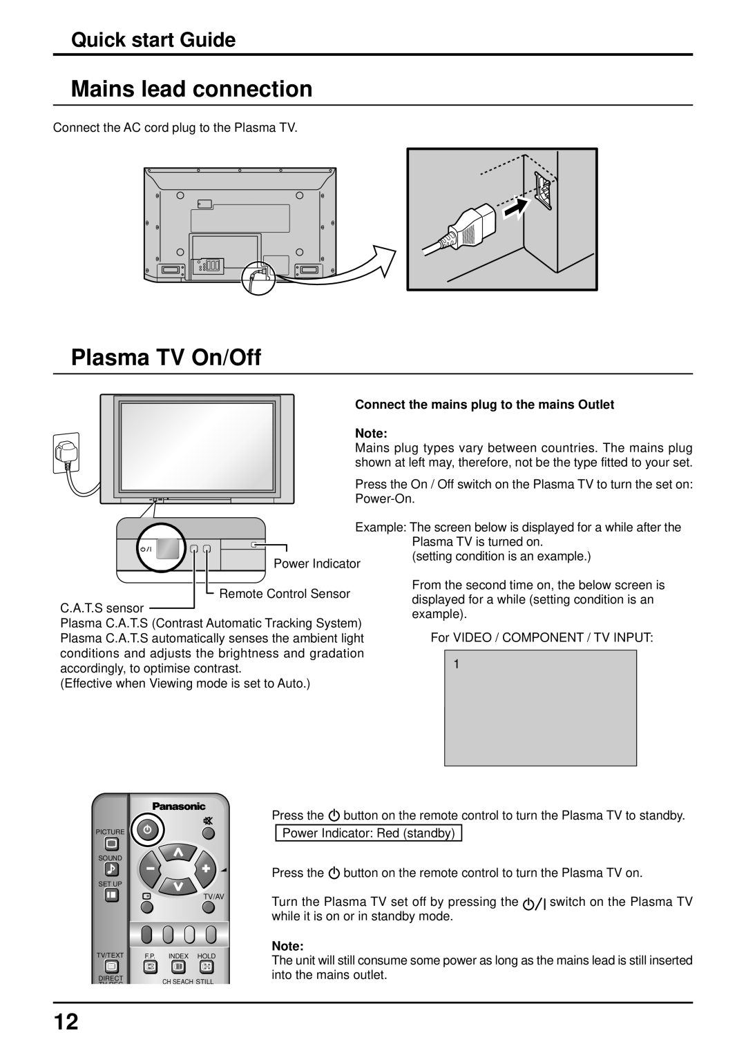 Panasonic TQBC0627-2 manual Mains lead connection, Plasma TV On/Off, Connect the AC cord plug to the Plasma TV 