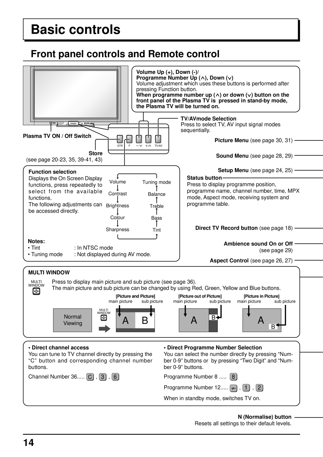 Panasonic TQBC0627-2 manual Basic controls, Front panel controls and Remote control 