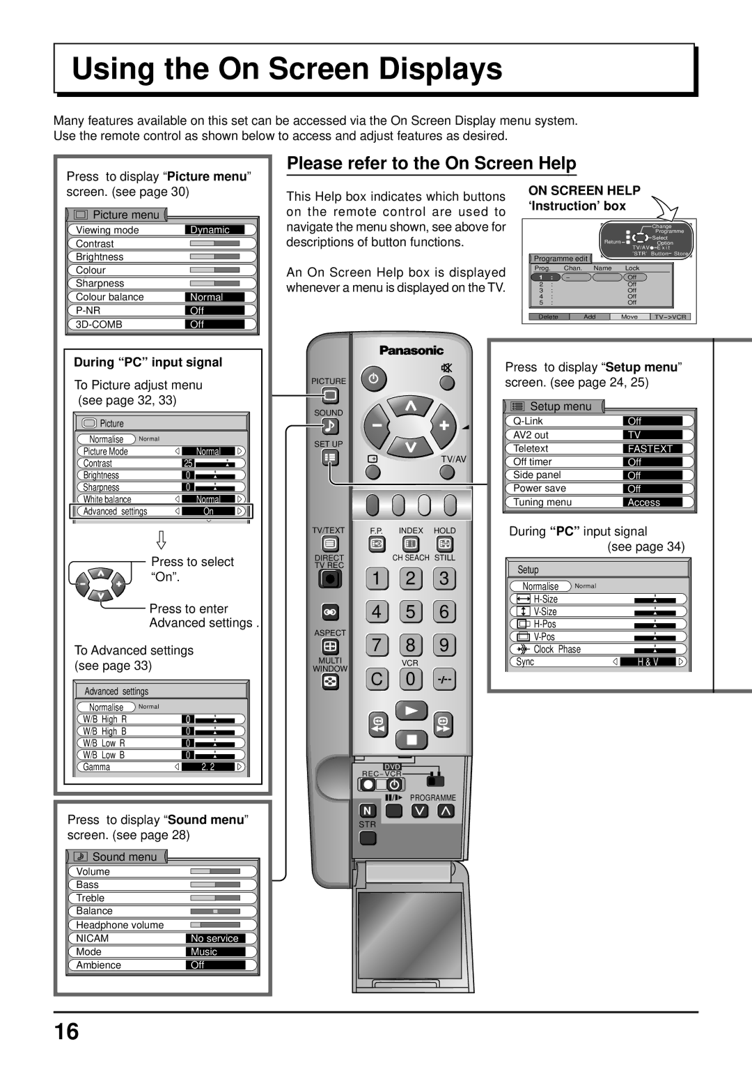 Panasonic TQBC0627-2 manual Using the On Screen Displays, On Screen Help ‘Instruction’ box, During PC input signal 