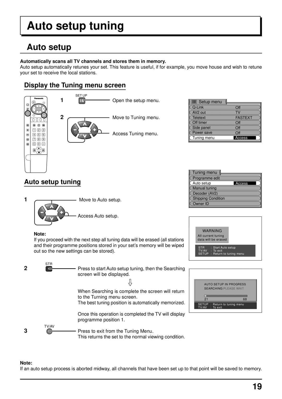 Panasonic TQBC0627-2 Auto setup tuning, Open the setup menu Move to Tuning menu Access Tuning menu, Move to Auto setup 