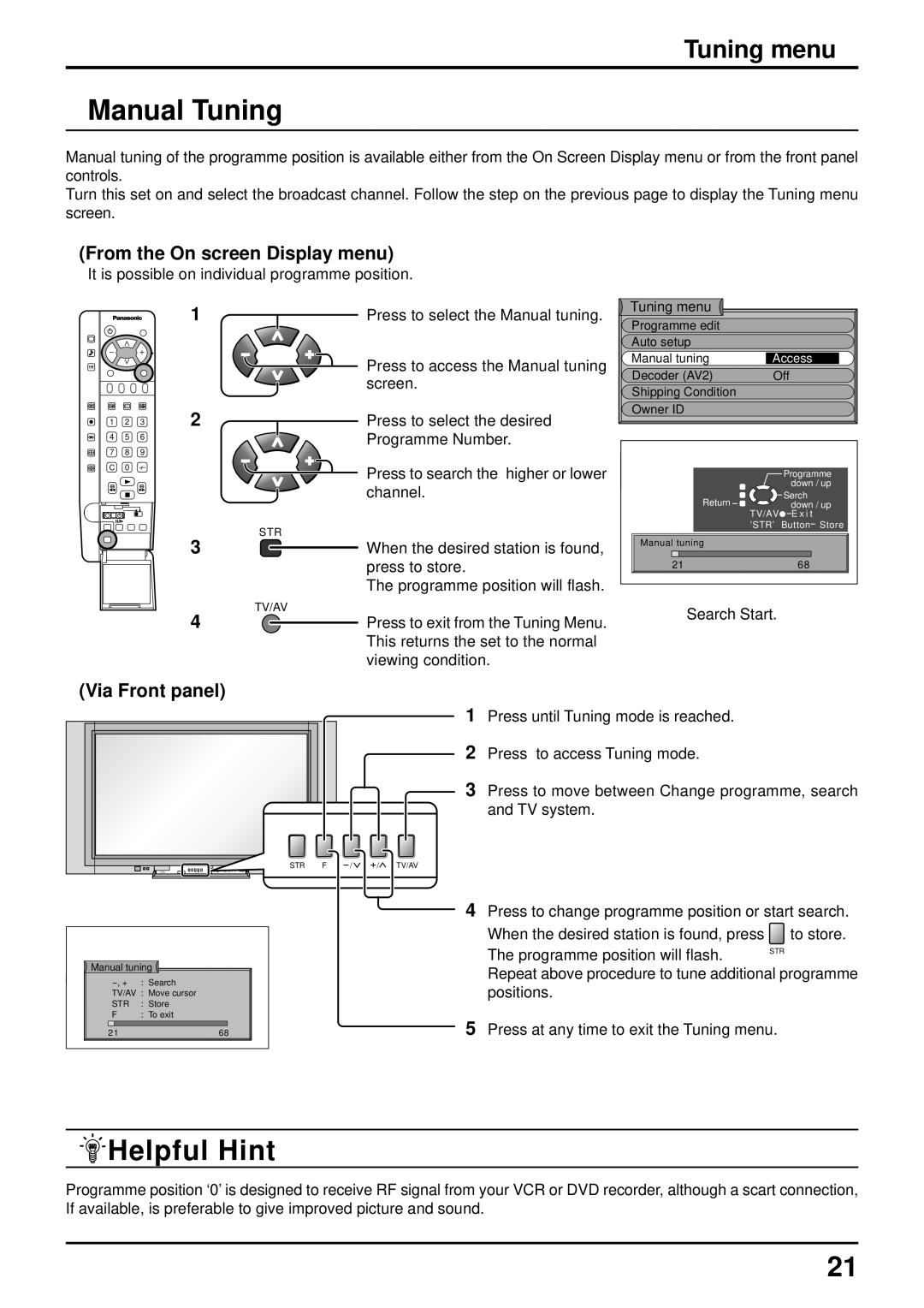 Panasonic TQBC0627-2 manual Manual Tuning, Helpful Hint, Tuning menu, From the On screen Display menu, Via Front panel 