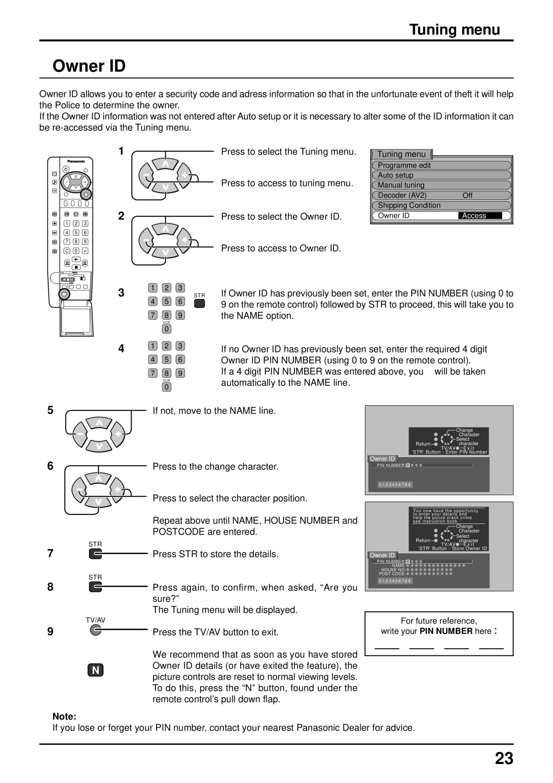 Panasonic TQBC0627-2 manual Name option, Owner ID PIN Number using 0 to 9 on the remote control 