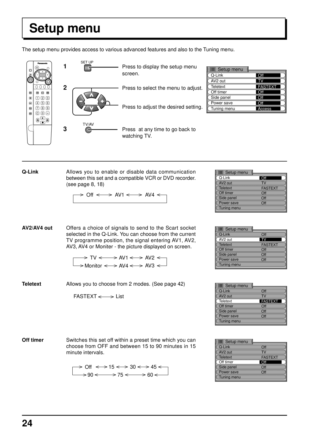 Panasonic TQBC0627-2 manual Setup menu, Link, Teletext Allows you to choose from 2 modes. See, Off timer 