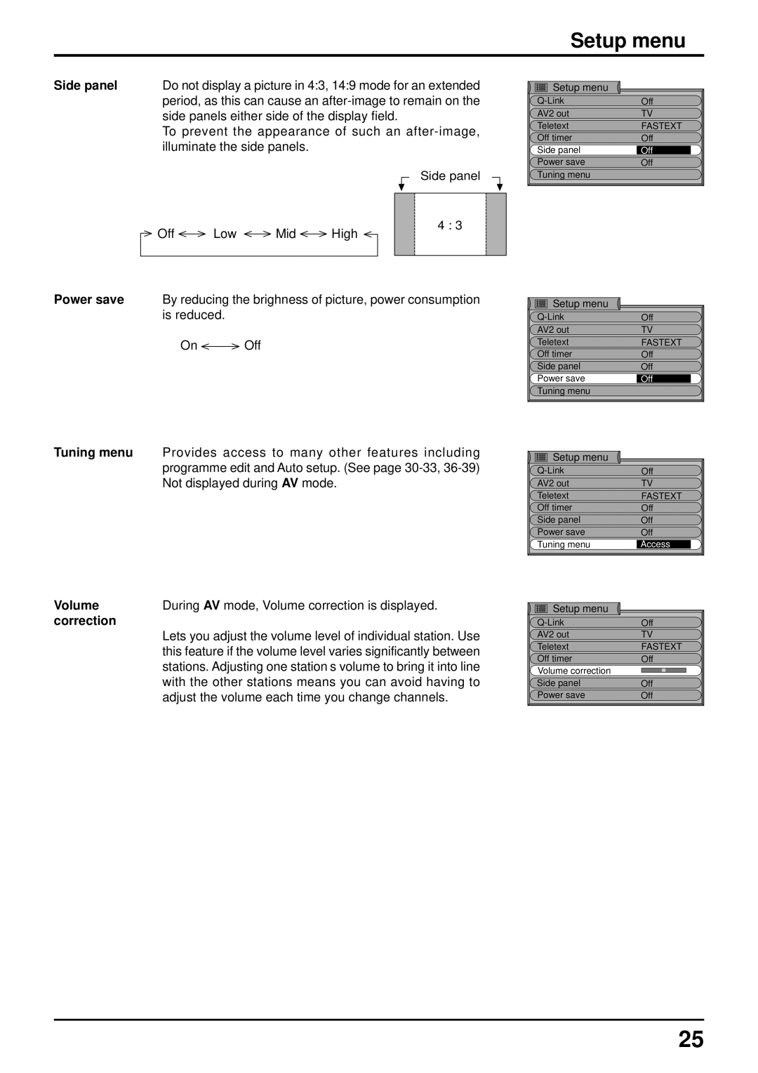 Panasonic TQBC0627-2 manual Setup menu, Side panel, Correction 