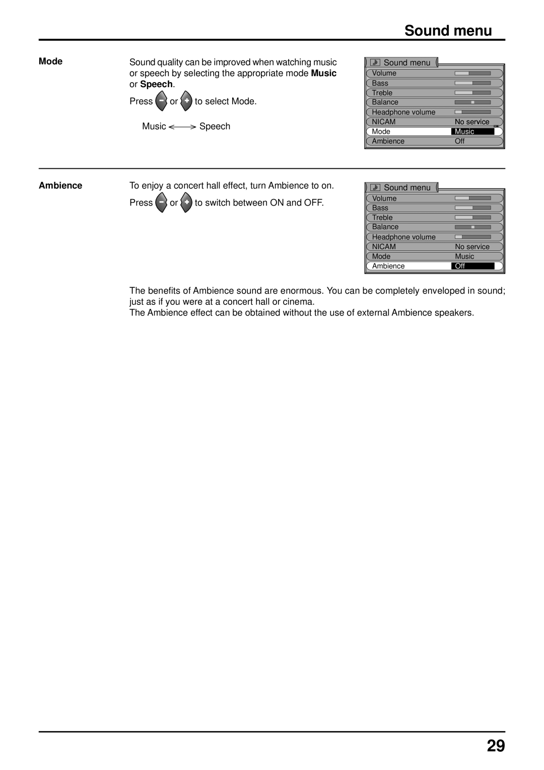 Panasonic TQBC0627-2 manual Sound menu, Mode, Or Speech, Ambience 