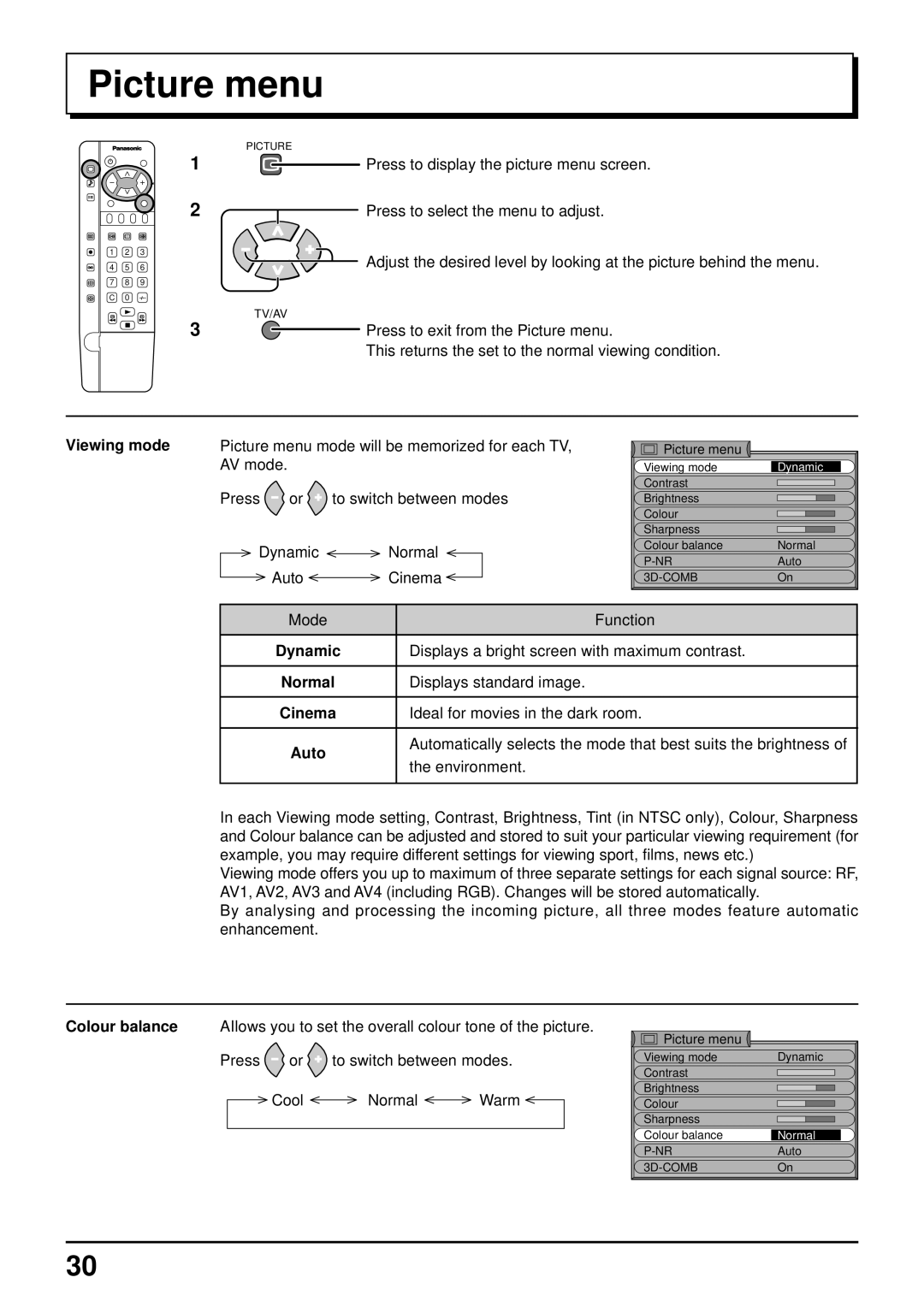 Panasonic TQBC0627-2 manual Picture menu, Dynamic, Normal, Cinema, Auto 