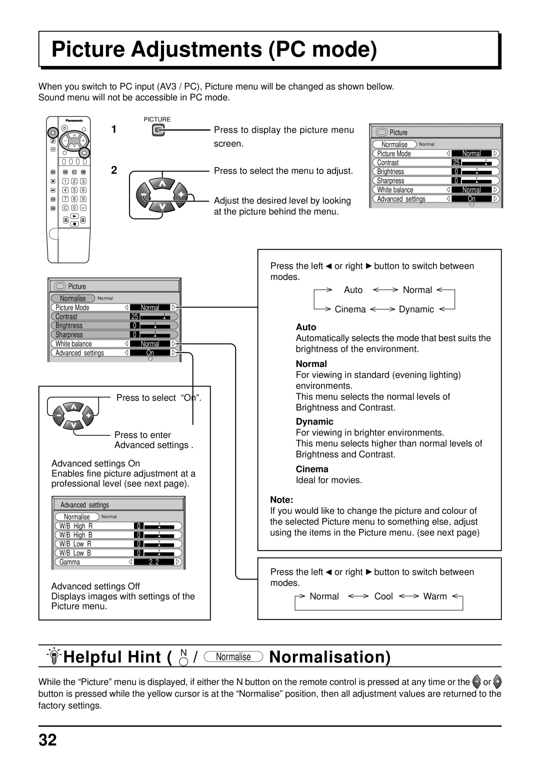 Panasonic TQBC0627-2 manual Picture Adjustments PC mode, Helpful Hint N / Normalise Normalisation 