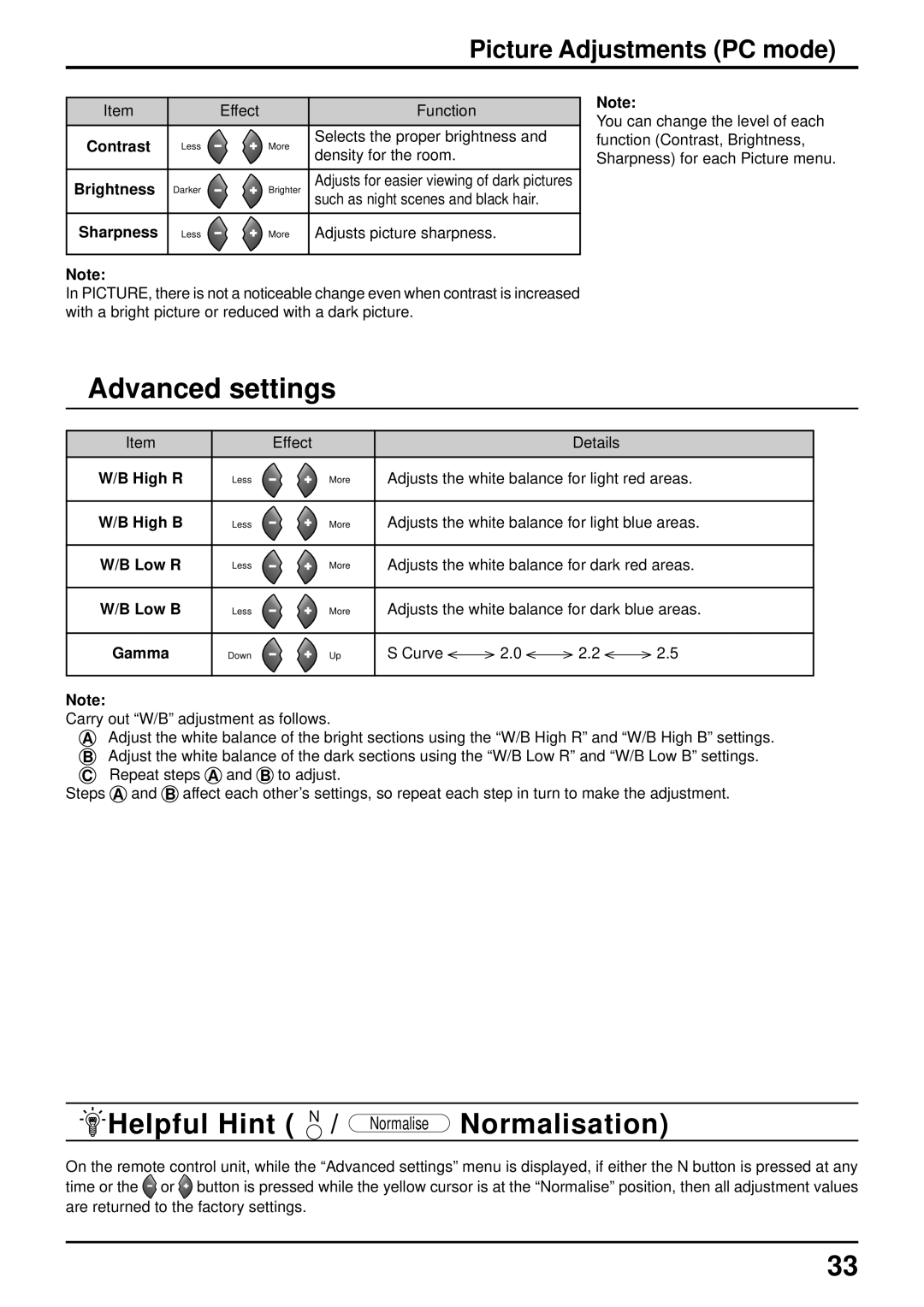 Panasonic TQBC0627-2 manual Advanced settings, Picture Adjustments PC mode 