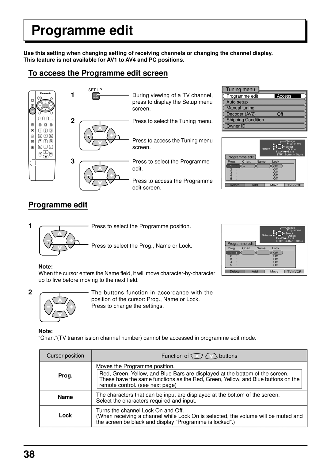 Panasonic TQBC0627-2 manual Programme edit, Name, Lock 