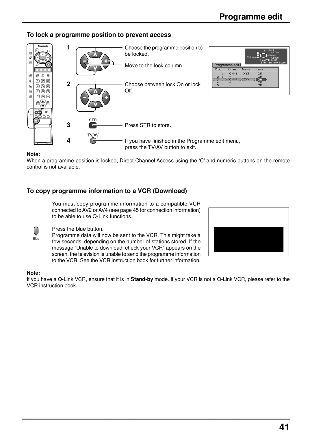 Panasonic TQBC0627-2 manual To lock a programme position to prevent access, To copy programme information to a VCR Download 