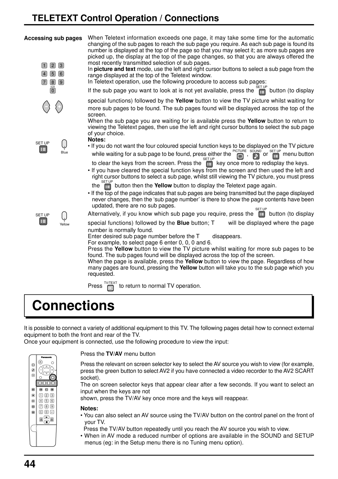 Panasonic TQBC0627-2 manual Teletext Control Operation / Connections, Accessing sub pages 