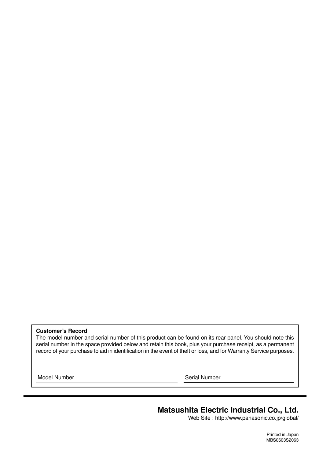 Panasonic TQBC0627-2 manual Customer’s Record, Model Number Serial Number 