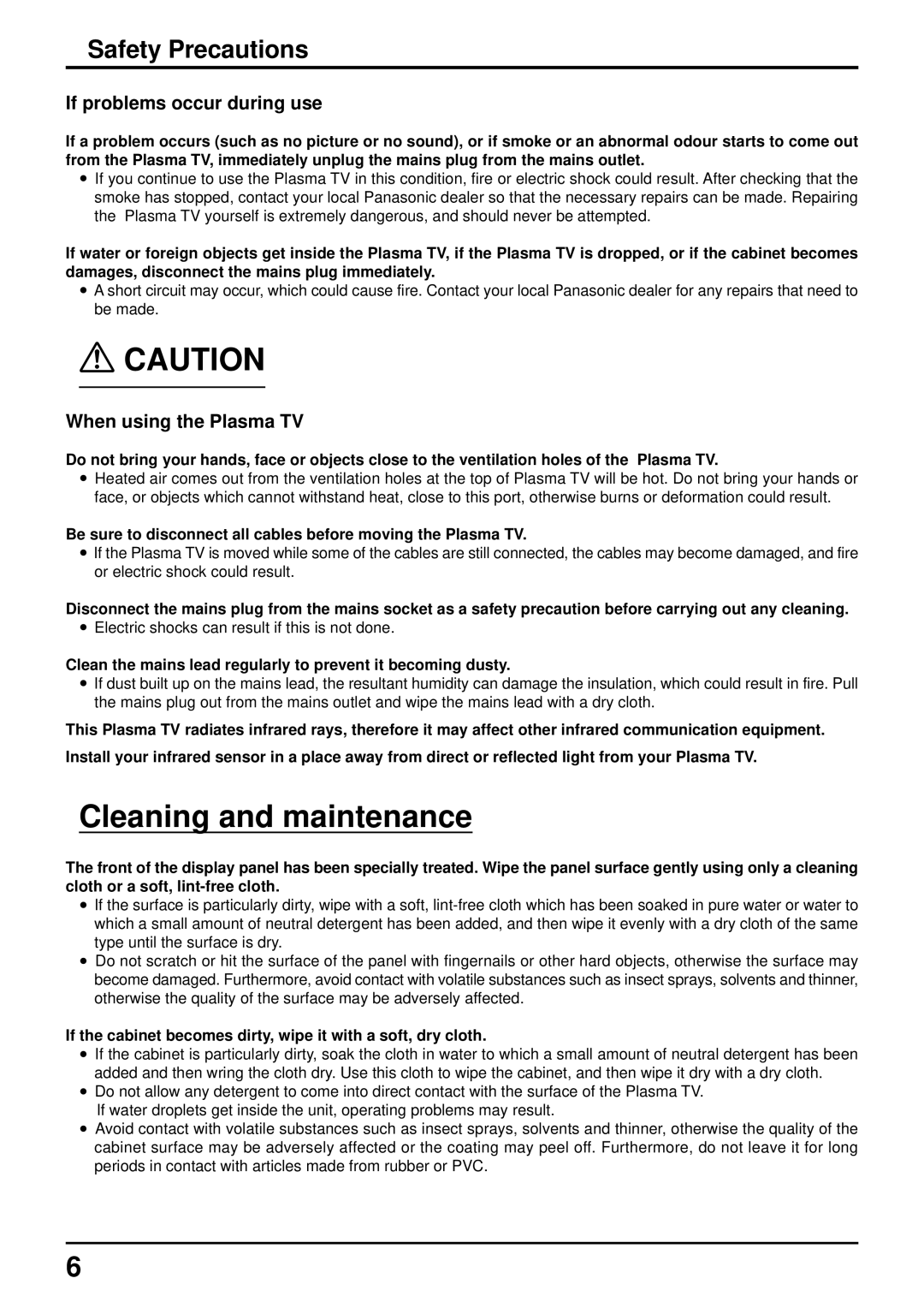 Panasonic TQBC0627-2 Safety Precautions, If problems occur during use, Electric shocks can result if this is not done 