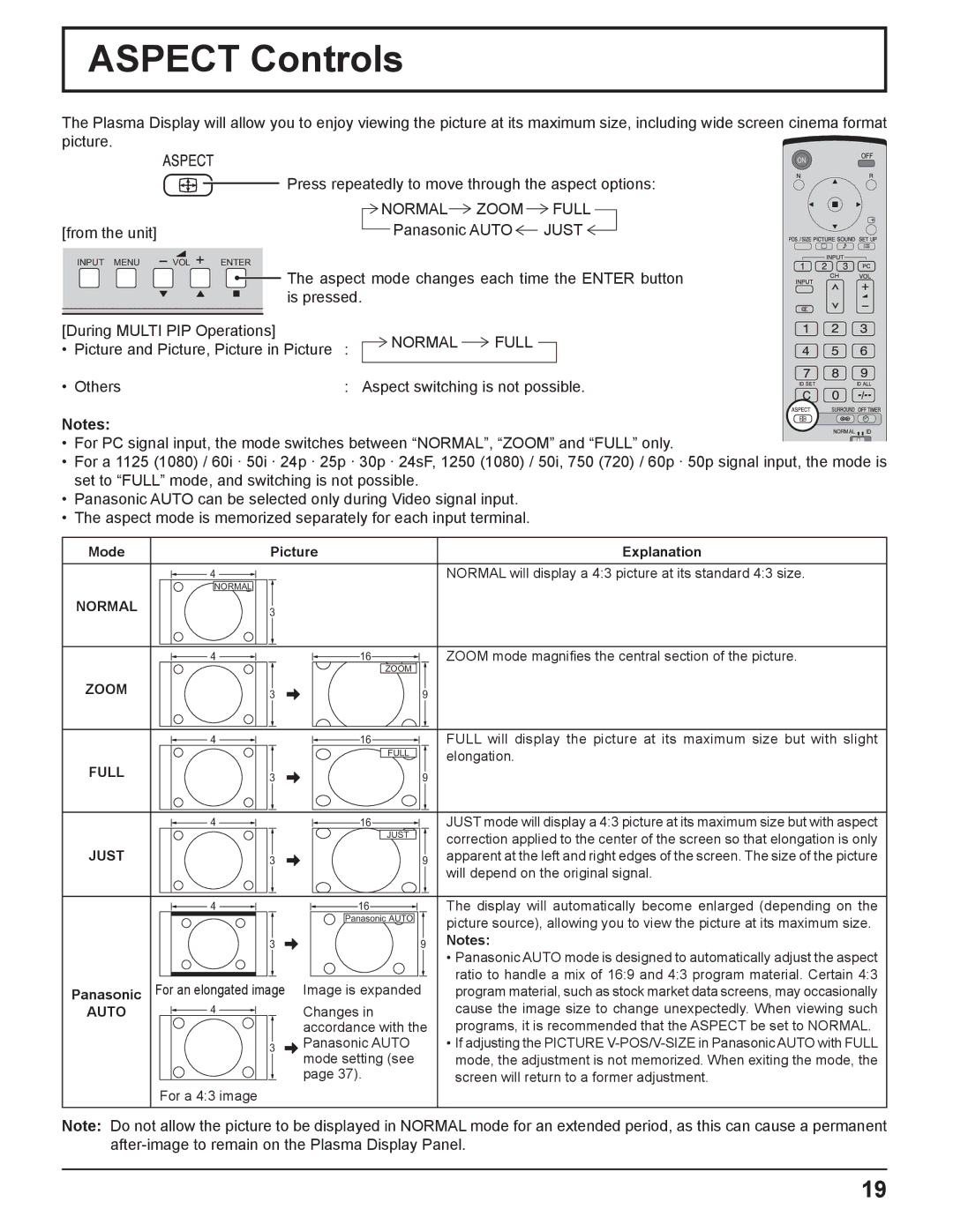 Panasonic TQBC2033 manual Aspect Controls, Normal Zoom Full, From the unit Panasonic Auto Just, Normal Full 