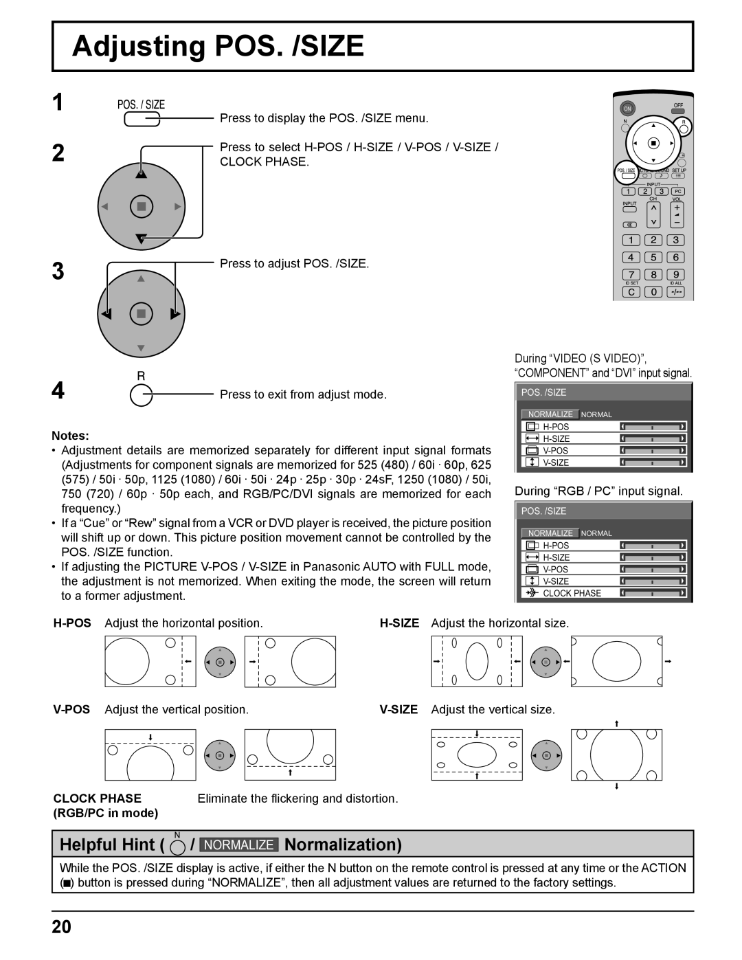 Panasonic TQBC2033 manual Adjusting POS. /SIZE, Clock Phase, Eliminate the ﬂickering and distortion, RGB/PC in mode 