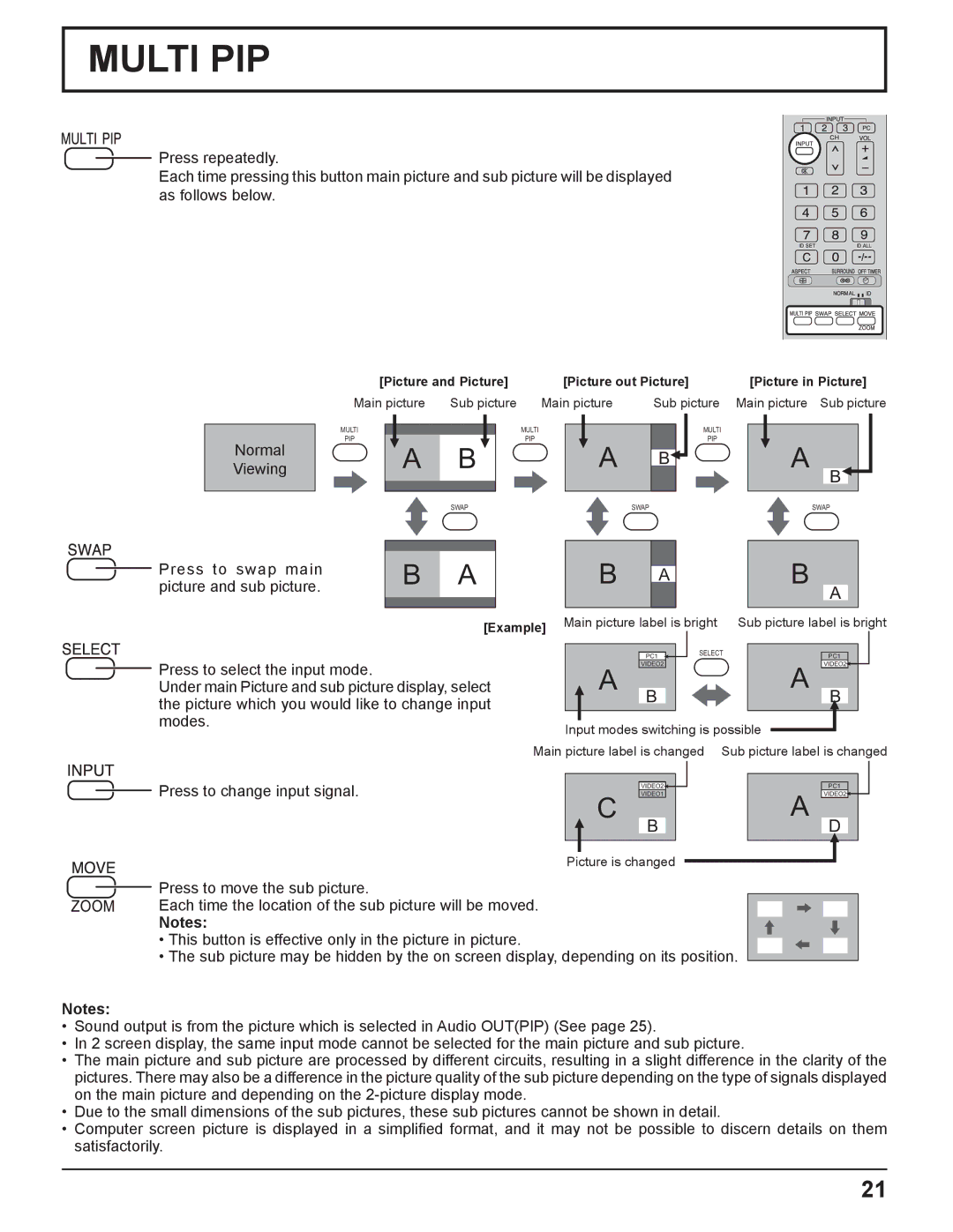 Panasonic TQBC2033 manual Press to swap main picture and sub picture, Press to select the input mode 