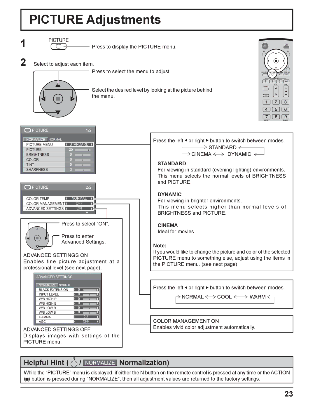 Panasonic TQBC2033 manual Picture Adjustments, Standard, Dynamic, Cinema 