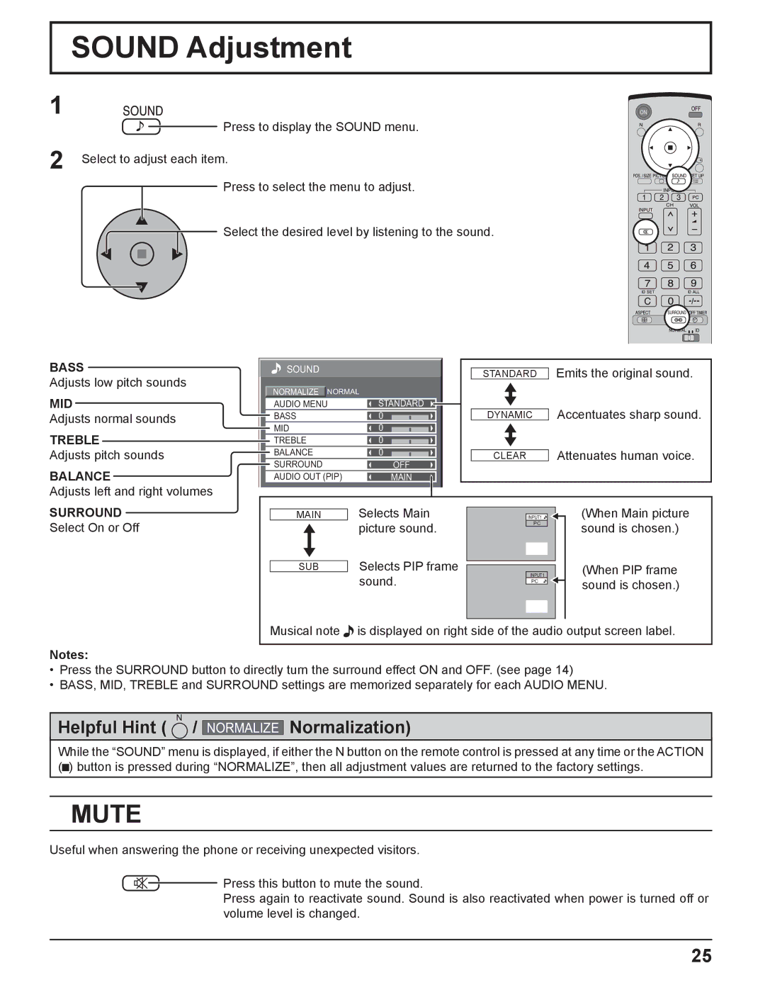 Panasonic TQBC2033 manual Sound Adjustment, Mute 