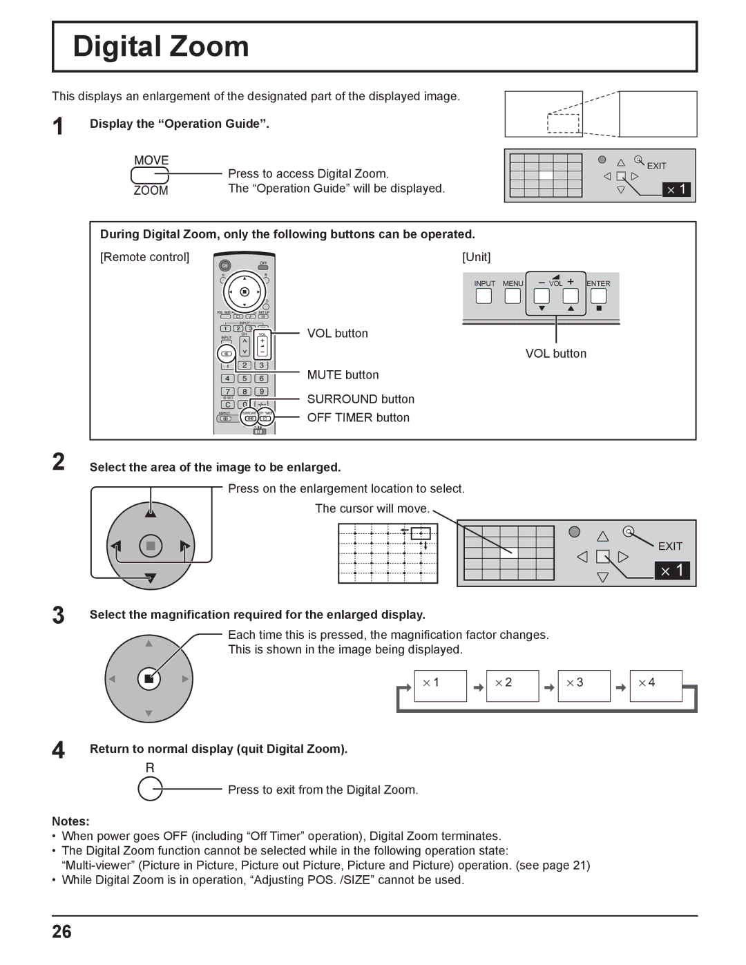 Panasonic TQBC2033 Digital Zoom, Display the Operation Guide, Select the magniﬁcation required for the enlarged display 